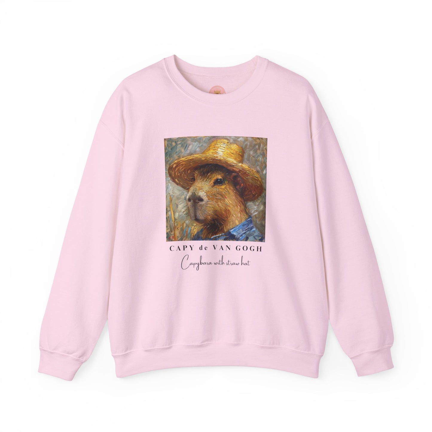 Capy de Van Gogh Capybara sweatshirt features a painting inspired by Van Gogh's Self-Portrait with Straw Hat. It's a fun twist for capybara lovers and art enthusiasts, giving off a whimsical and artistic vibe. Perfect for those who appreciate unique and creative designs, this sweatshirt is relevant for art lovers, animal enthusiasts, and those looking for a quirky addition to their wardrobe. Ideal for gifting during birthdays, Christmas, or any special occasion.