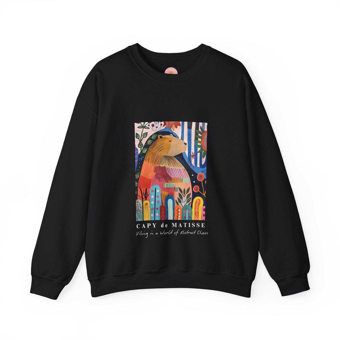 A cozy and stylish sweatshirt featuring a graphic of a painting inspired by artist Henri Matisse, with a capybara hidden within. Perfect for art lovers and capybara enthusiasts, this sweatshirt is ideal for colder months and provides a comfy fit with its classic crew neckline. Great for anyone looking to add a touch of artistic flair to their wardrobe.