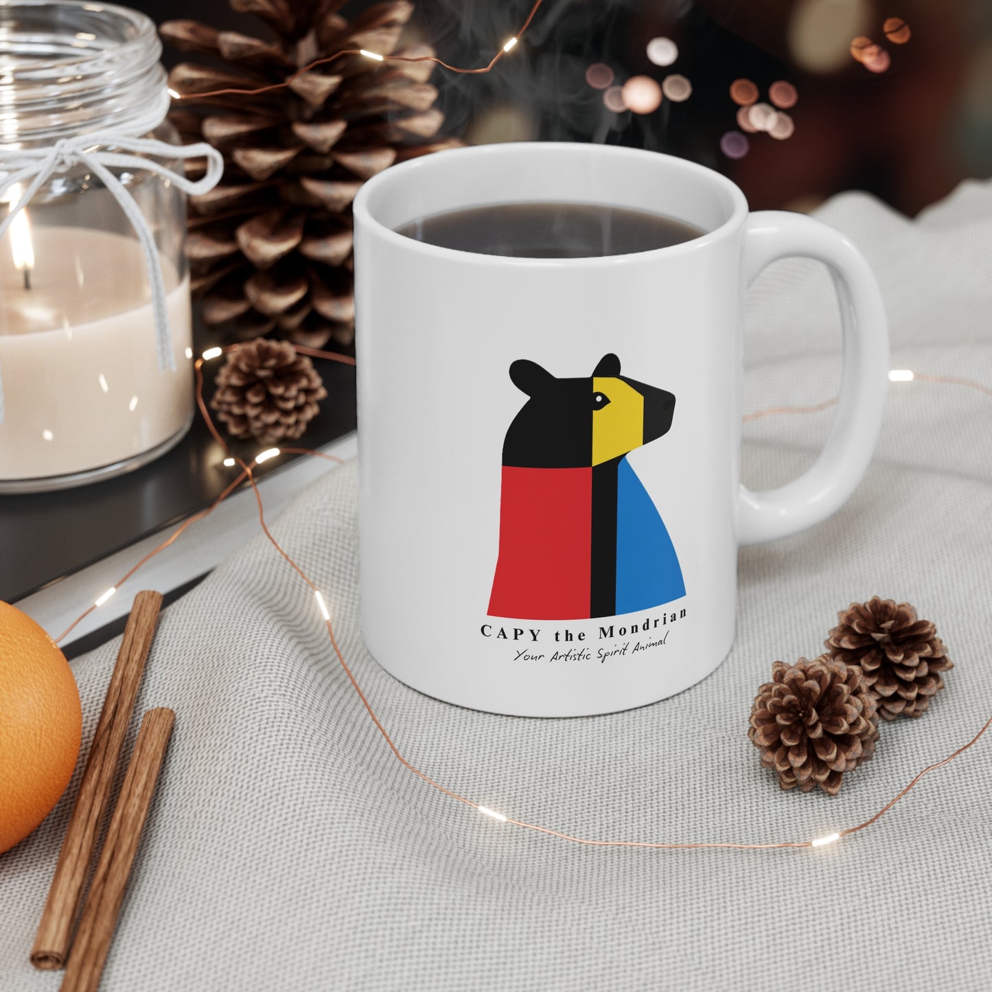 Mug 11oz Piet Mondrian Inspired White Ceramic Mug for Art & Animal Lovers