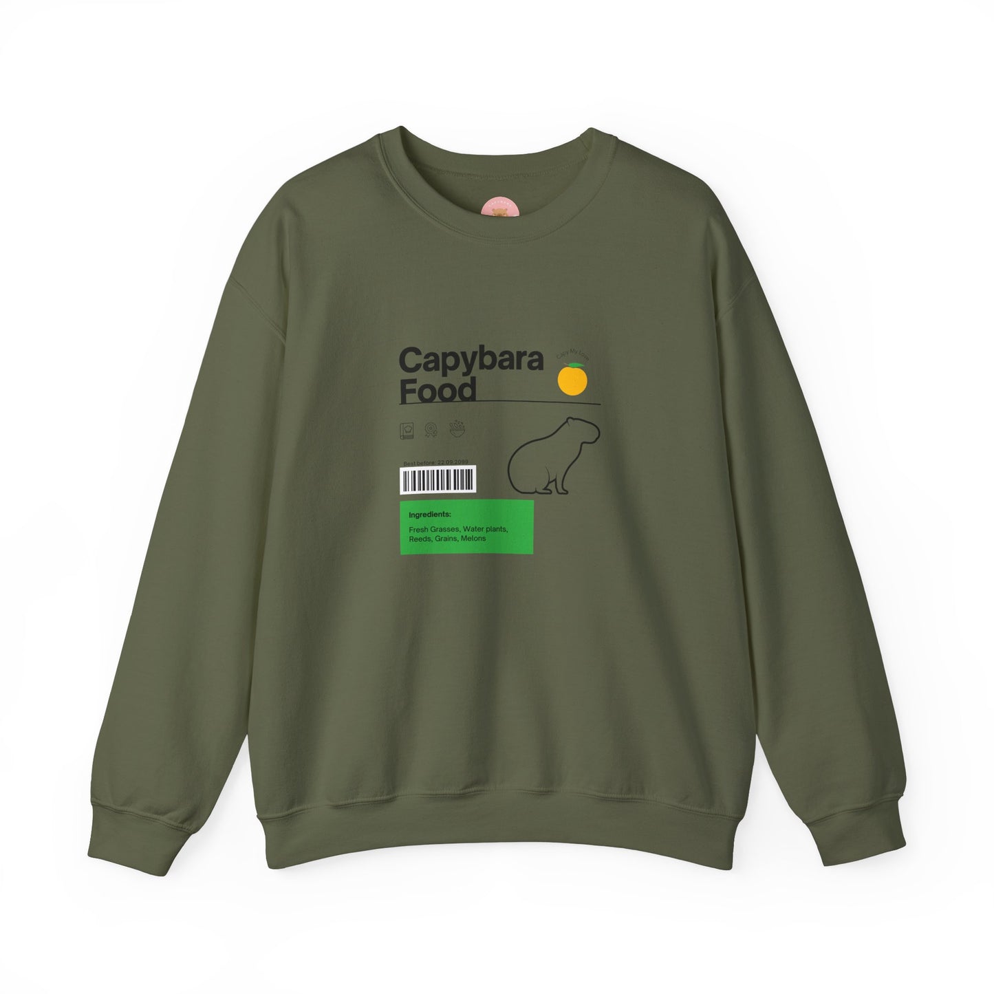 Capybara food label sweatshirt featuring a capybara food label design with ingredients like fresh grasses, water plants, reeds, grains, and melon - perfect for capybara lovers.