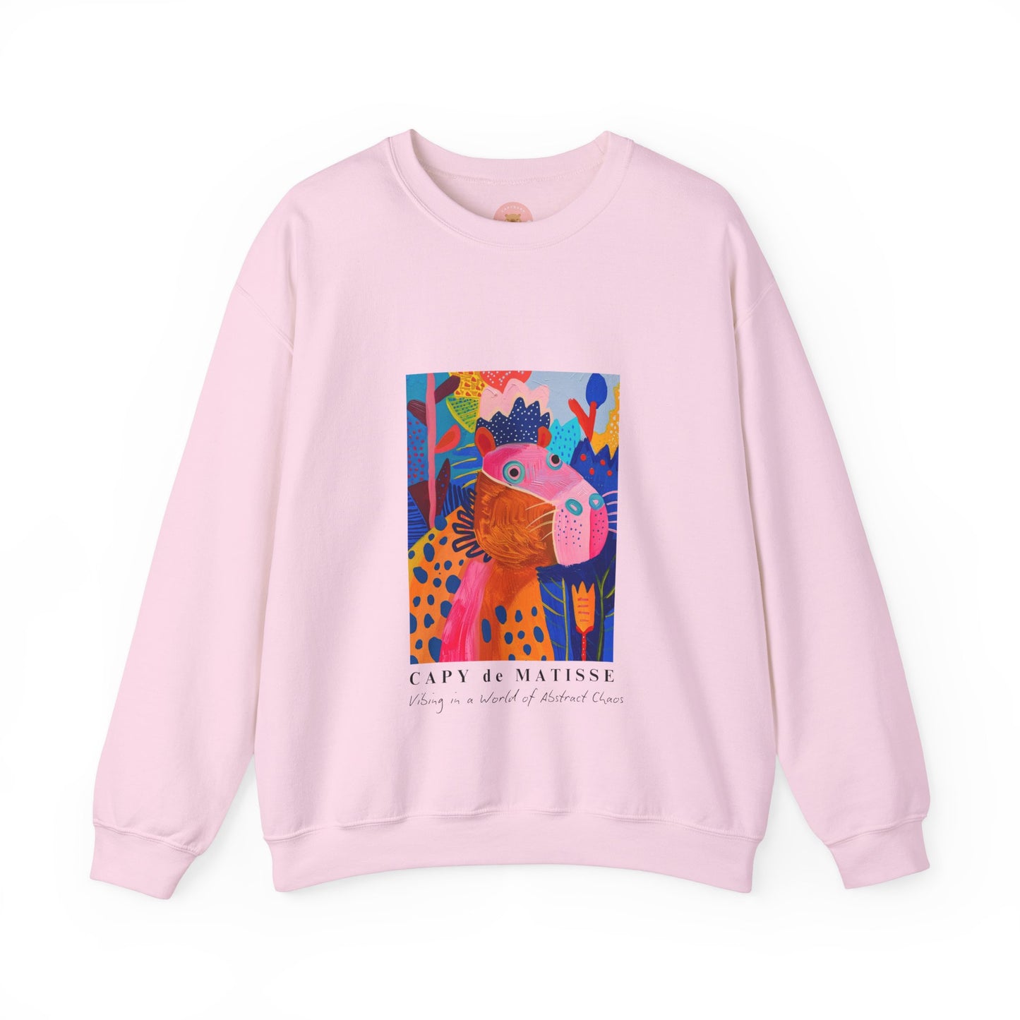 Pink Capybara sweatshirt features a painting inspired by Henri Matisse with a silly capybara embedded inside, perfect for capybara lovers and art enthusiasts. It offers a cozy and comfortable fit, making it ideal for colder months. The medium-heavy fabric blend of cotton and polyester ensures durability and warmth. Great for snuggling up at home or showcasing your unique style.