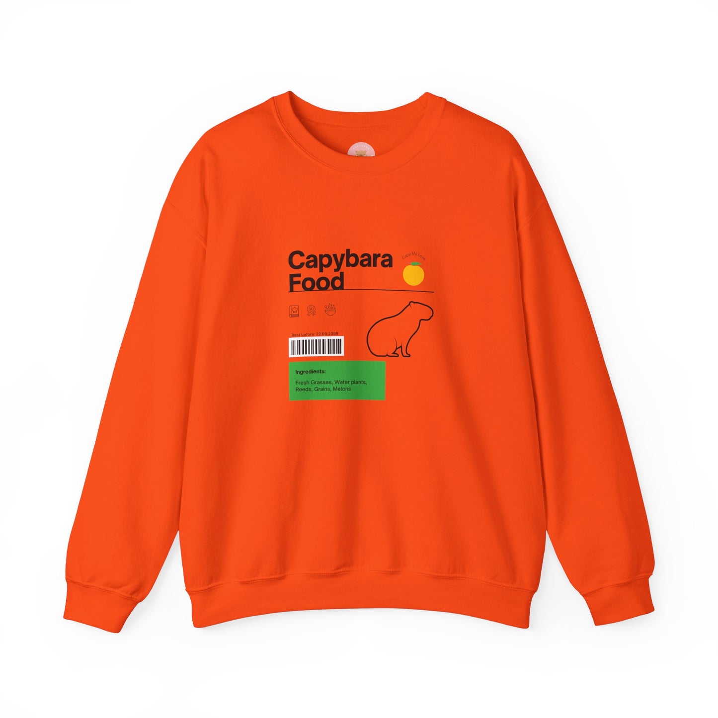 Capybara food label sweatshirt featuring a capybara food label design with ingredients like fresh grasses, water plants, reeds, grains, and melon - perfect for capybara lovers.