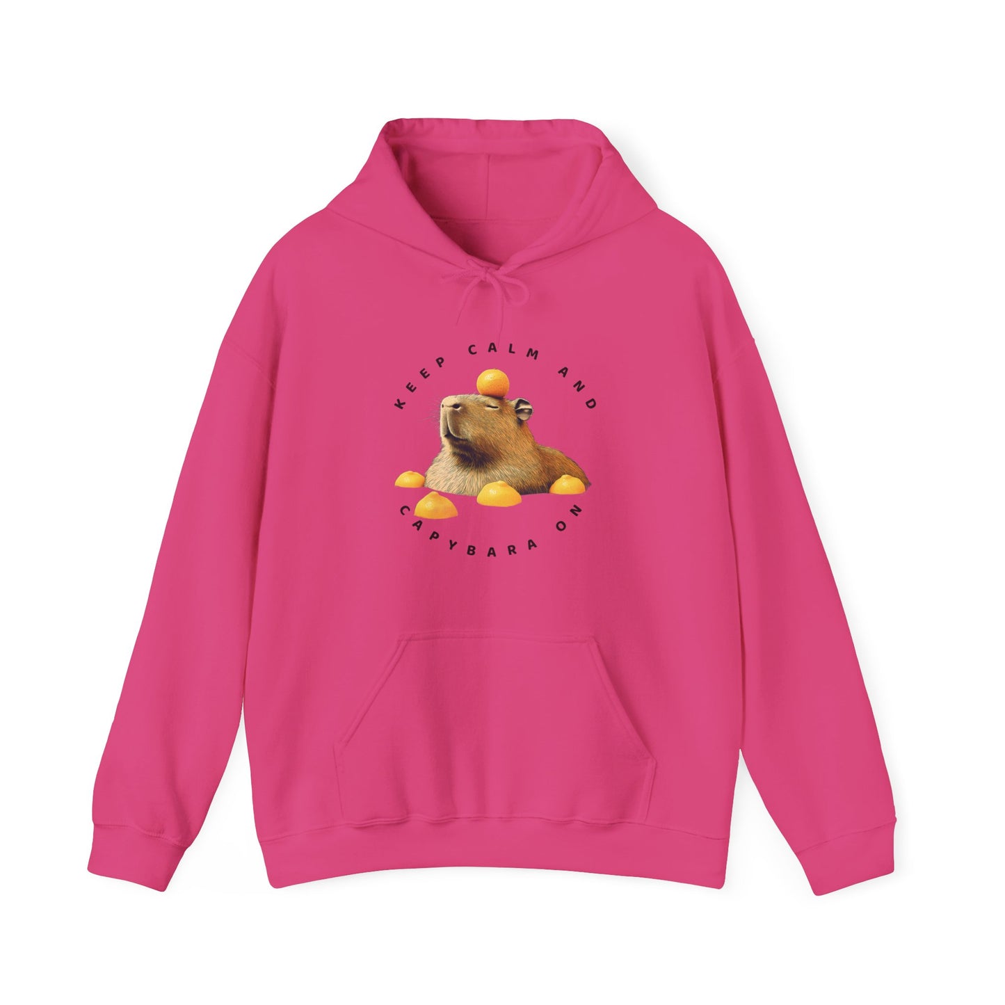 Capybara Hoodies- Stay relaxed in style with the Keep Calm and Capybara On hooded sweatshirt. Featuring a relaxing capybara enjoying yuzu bath, this comfy hoodie is perfect for adding a chill vibe to any cold day. This is the PERFECT T-hoodie for those who LOVE Capybara!