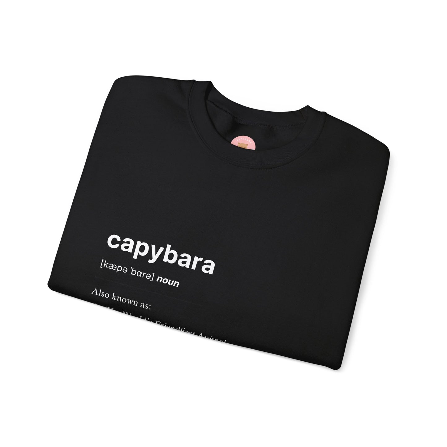Capybara Definition Sweatshirt - The World's Friendliest Animal. Ideal for animal lovers, nature enthusiasts, and those who appreciate a touch of whimsy in their style. Perfect for casual outings, lounging at home, or as a thoughtful gift for birthdays, holidays, or any special occasion.