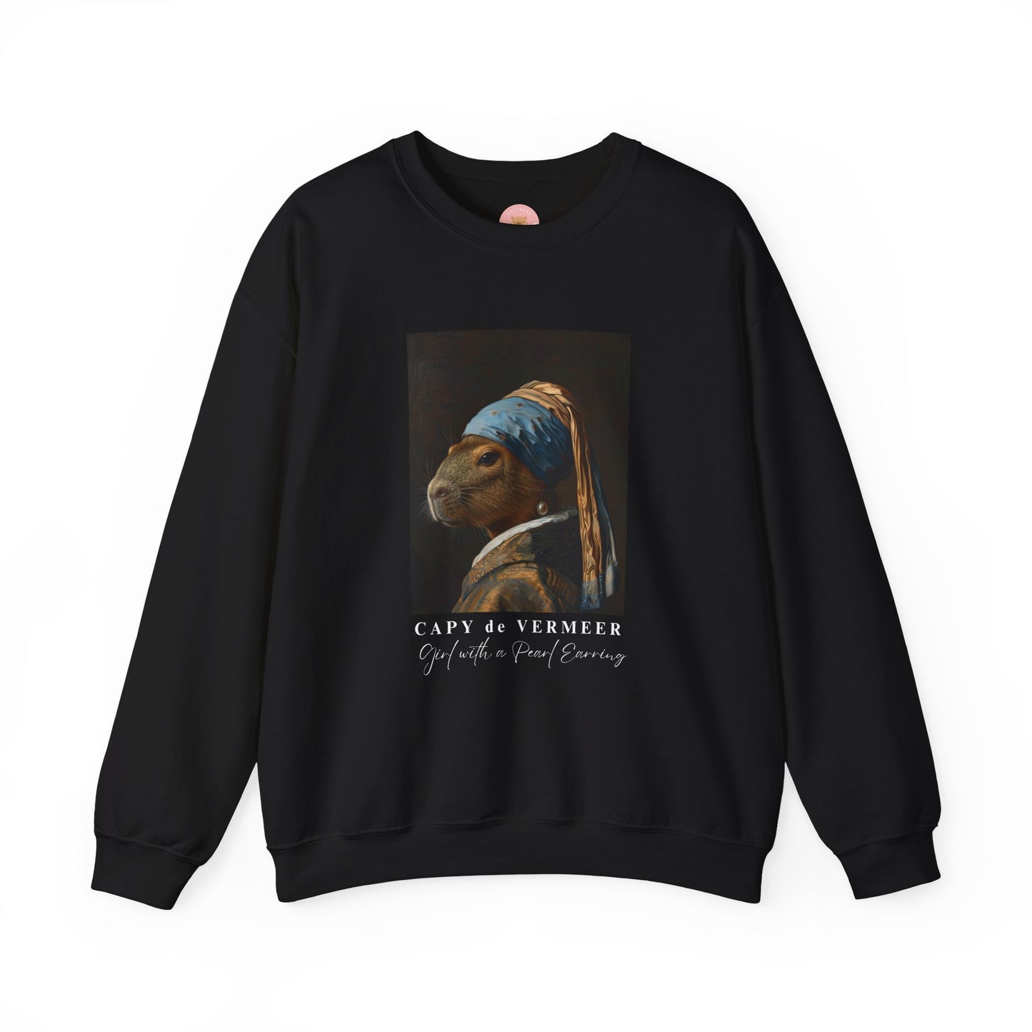 Capy de Vermeer Capybara sweatshirt features a painting inspired by VERMEER's famous painting - A Girl With A Pearl Earring. It's a fun twist for capybara lovers and art enthusiasts, giving off a whimsical and artistic vibe. Perfect for those who appreciate unique and creative designs, this sweatshirt is relevant for art lovers, animal enthusiasts, and those looking for a quirky addition to their wardrobe. Ideal for gifting during birthdays, Christmas, or any special occasion.