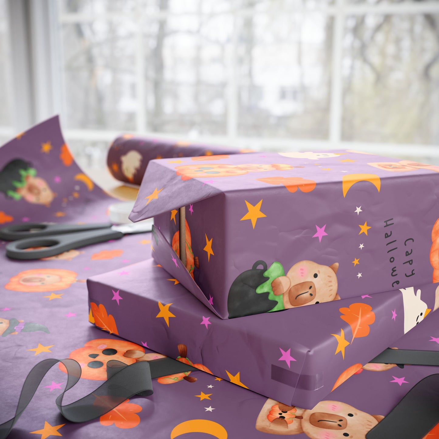 Halloween Capybara Gift Wrapping Paper, Spooky Season Wrap, Cute Pumpkin & Ghost Design, Fall Decorating, Party Supplies, Trick or Treat