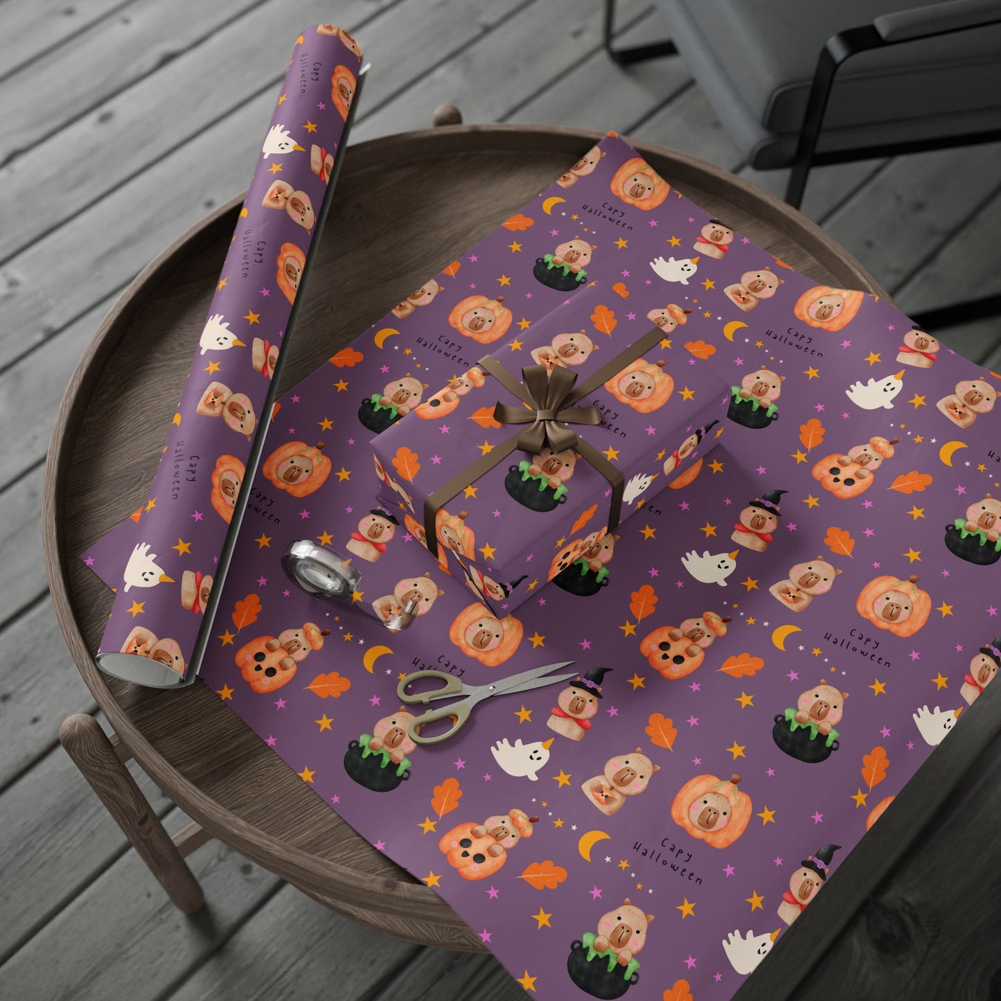 Halloween Capybara Gift Wrapping Paper, Spooky Season Wrap, Cute Pumpkin & Ghost Design, Fall Decorating, Party Supplies, Trick or Treat