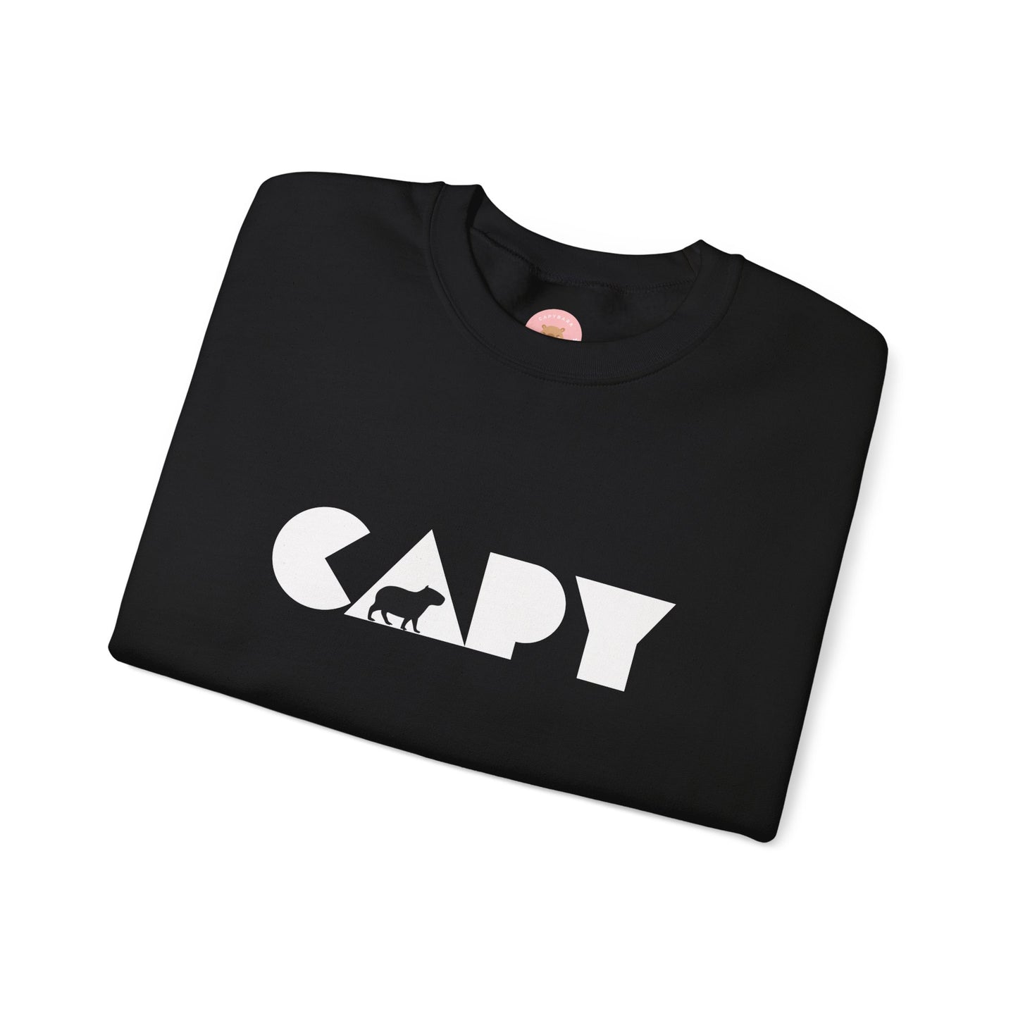 Capybara sweatshirt features the stylish plain text design of the word CAPY with a capybara graphic embedded. It offers a comfy wearing experience with a classic fit and crew neckline. Perfect for colder months, this sweatshirt is ideal for those who love unique and chill designs. The target audience includes individuals who enjoy cozy apparel with a touch of personality. Relevant for holidays, casual gatherings, and everyday wear.