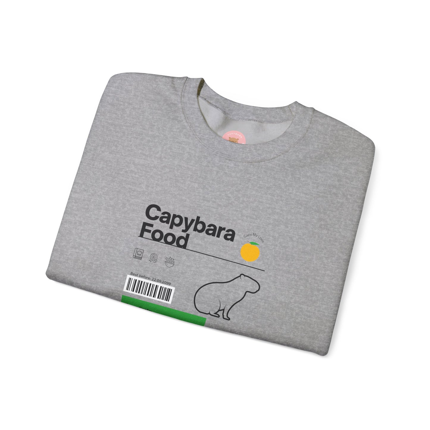 Capybara food label sweatshirt featuring a capybara food label design with ingredients like fresh grasses, water plants, reeds, grains, and melon - perfect for capybara lovers.