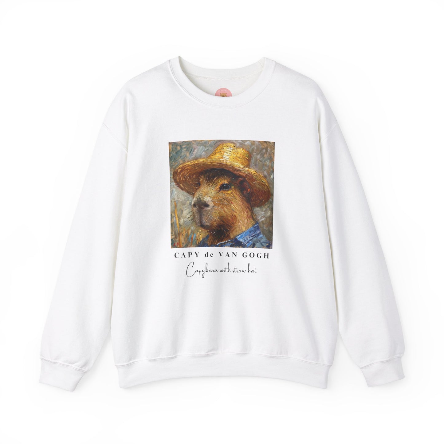 Capy de Van Gogh Capybara sweatshirt features a painting inspired by Van Gogh's Self-Portrait with Straw Hat. It's a fun twist for capybara lovers and art enthusiasts, giving off a whimsical and artistic vibe. Perfect for those who appreciate unique and creative designs, this sweatshirt is relevant for art lovers, animal enthusiasts, and those looking for a quirky addition to their wardrobe. Ideal for gifting during birthdays, Christmas, or any special occasion.