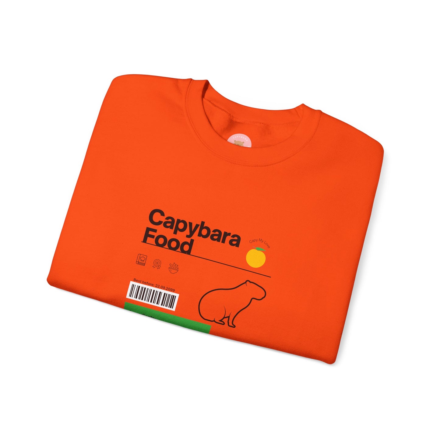 Capybara food label sweatshirt featuring a capybara food label design with ingredients like fresh grasses, water plants, reeds, grains, and melon - perfect for capybara lovers.