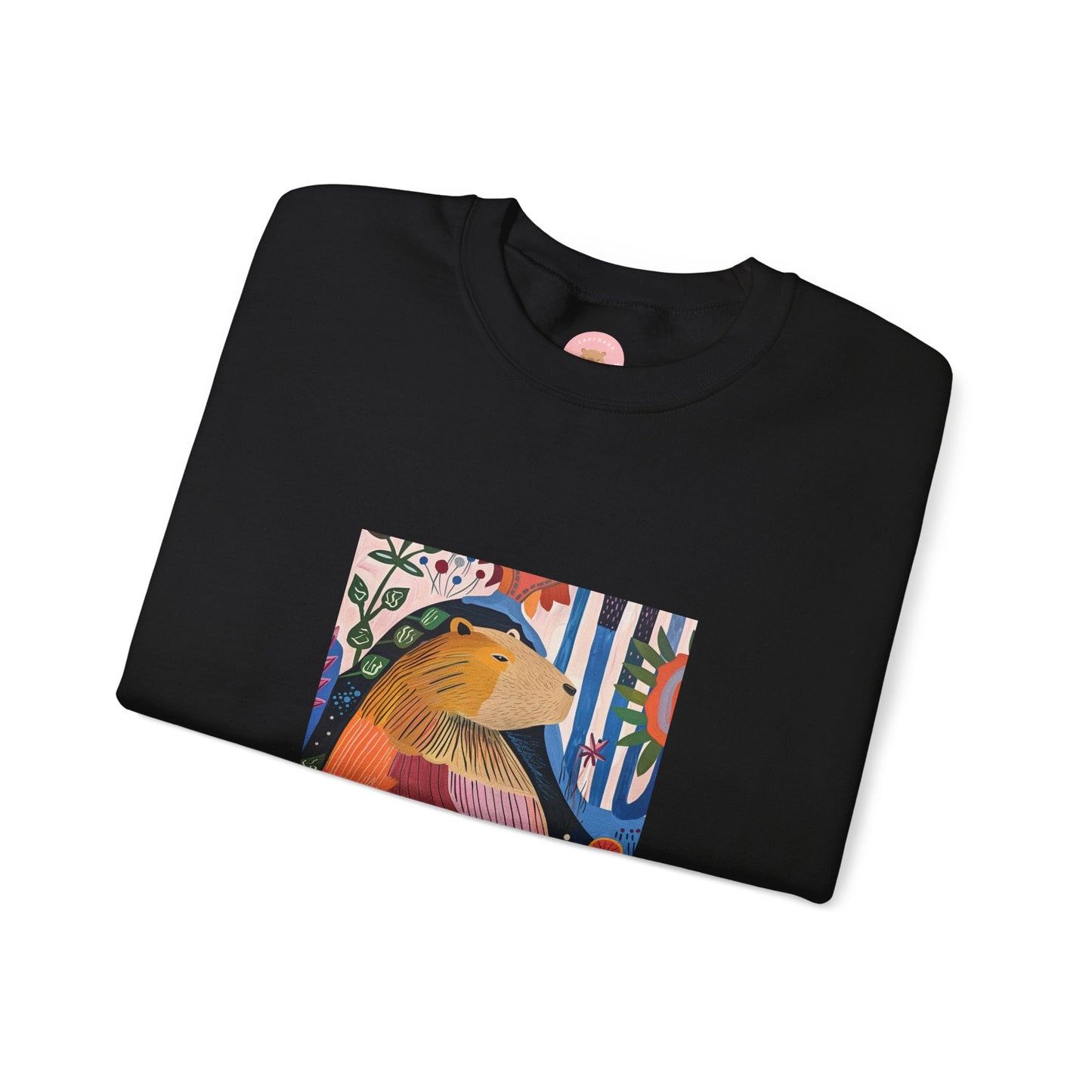A cozy and stylish sweatshirt featuring a graphic of a painting inspired by artist Henri Matisse, with a capybara hidden within. Perfect for art lovers and capybara enthusiasts, this sweatshirt is ideal for colder months and provides a comfy fit with its classic crew neckline. Great for anyone looking to add a touch of artistic flair to their wardrobe.