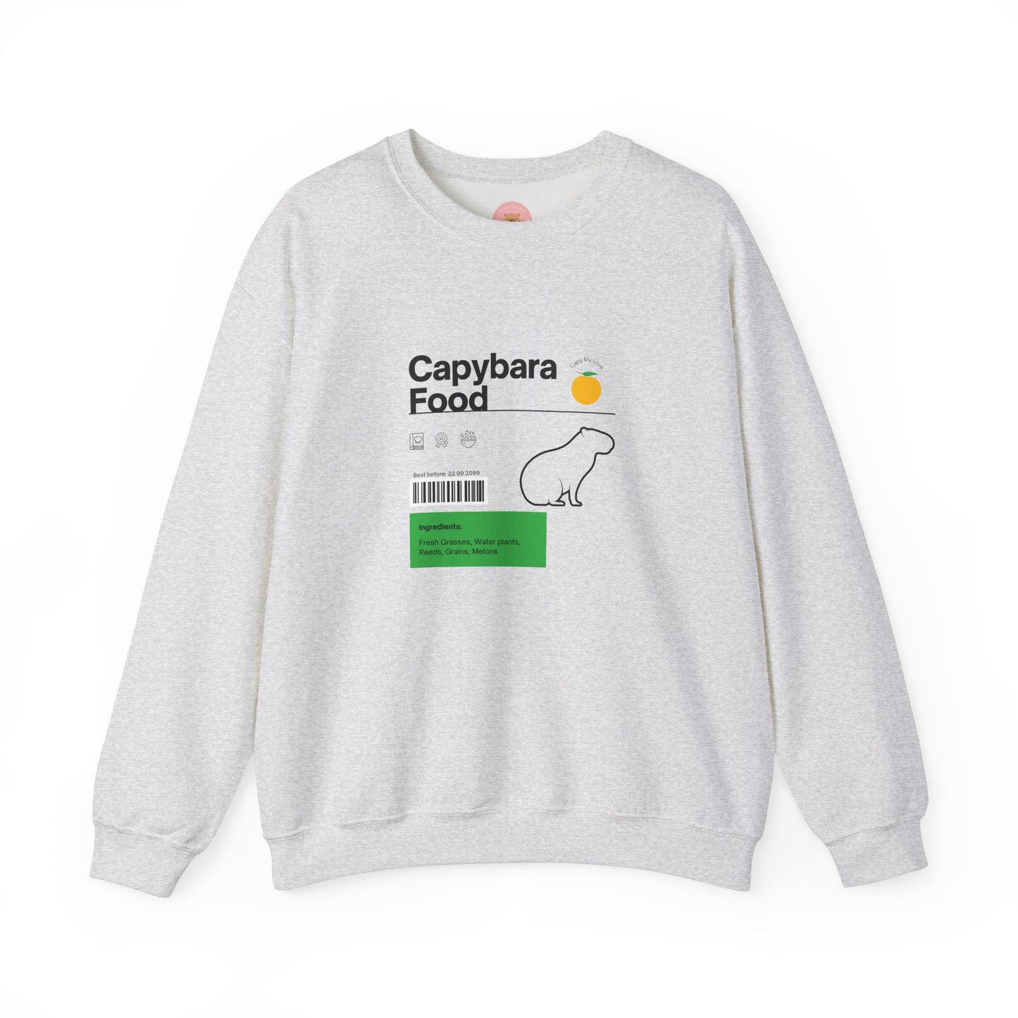 Capybara food label sweatshirt featuring a capybara food label design with ingredients like fresh grasses, water plants, reeds, grains, and melon - perfect for capybara lovers.