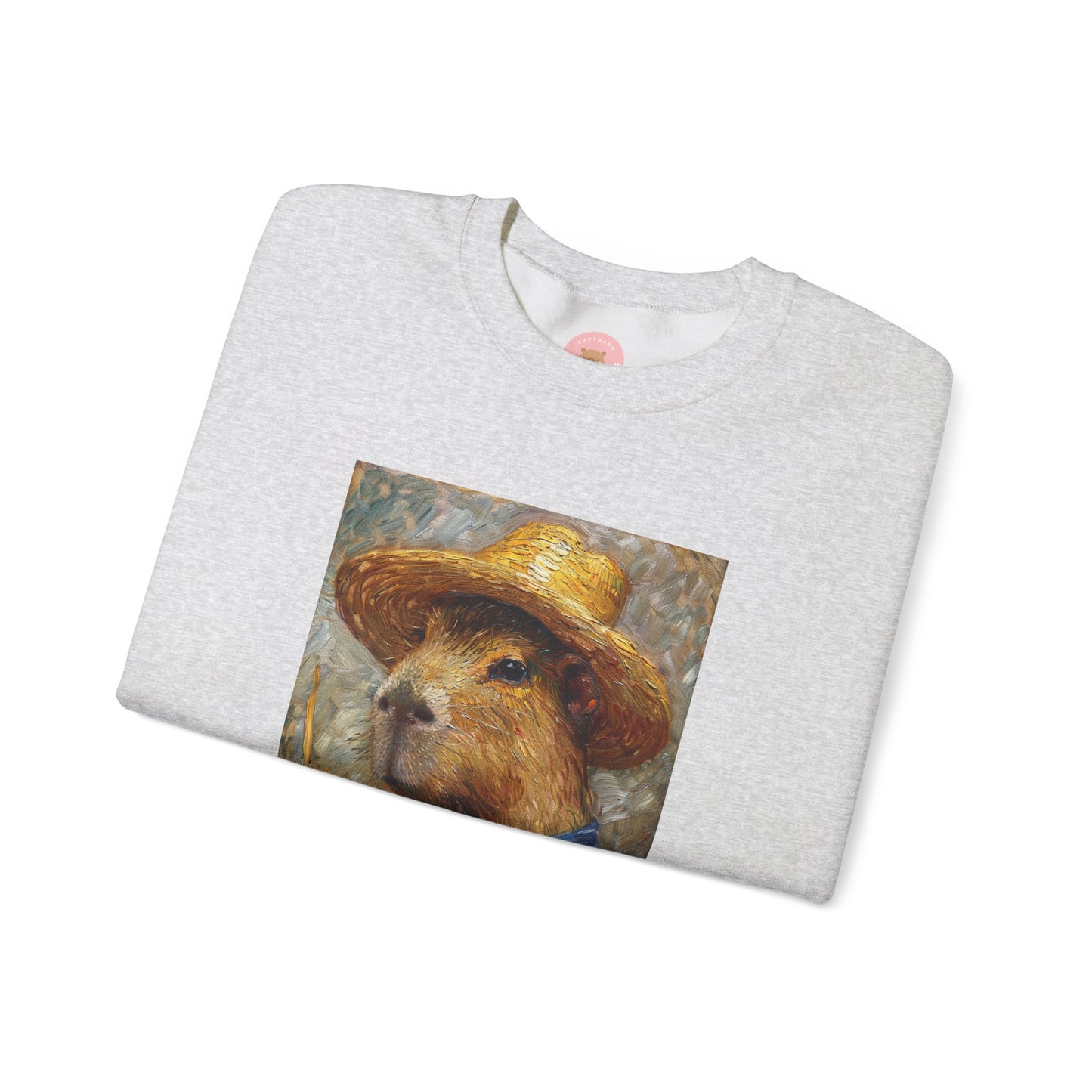 Capy de Van Gogh Capybara sweatshirt features a painting inspired by Van Gogh's Self-Portrait with Straw Hat. It's a fun twist for capybara lovers and art enthusiasts, giving off a whimsical and artistic vibe. Perfect for those who appreciate unique and creative designs, this sweatshirt is relevant for art lovers, animal enthusiasts, and those looking for a quirky addition to their wardrobe. Ideal for gifting during birthdays, Christmas, or any special occasion.
