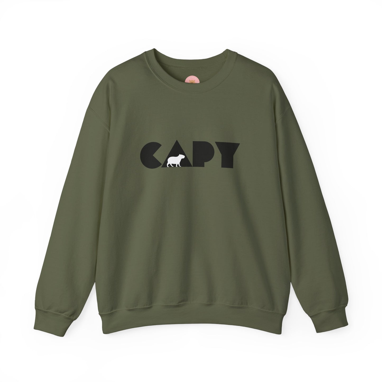 Capybara sweatshirt features the stylish plain text design of the word CAPY with a capybara graphic embedded. It offers a comfy wearing experience with a classic fit and crew neckline. Perfect for colder months, this sweatshirt is ideal for those who love unique and chill designs. The target audience includes individuals who enjoy cozy apparel with a touch of personality. Relevant for holidays, casual gatherings, and everyday wear.