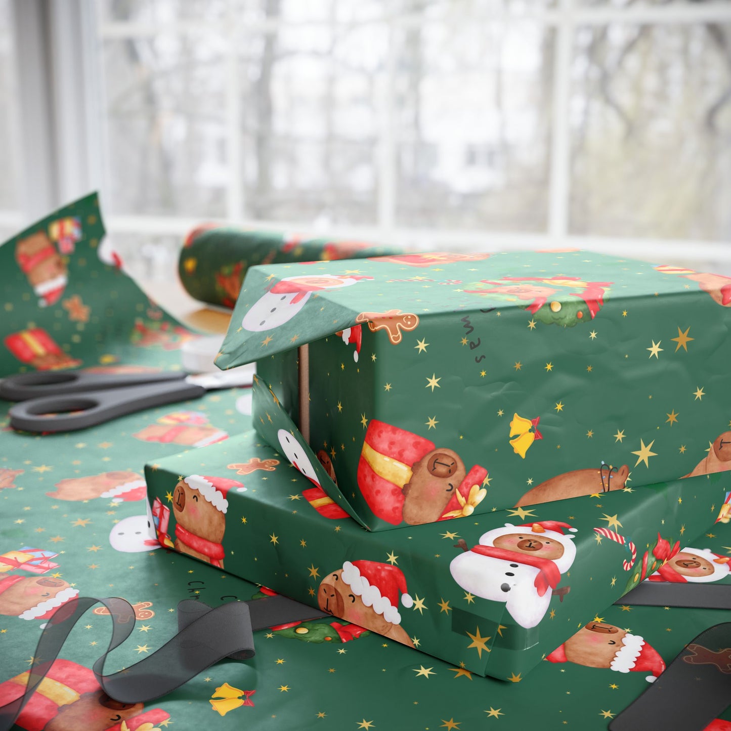 Capybara Christmas Wrapping Paper (Green) , Chirstmas Season Wrap, Cute Gift Wrap for Capybara Lovers, Winter Decorating, Party Supplies, Merry Christmas