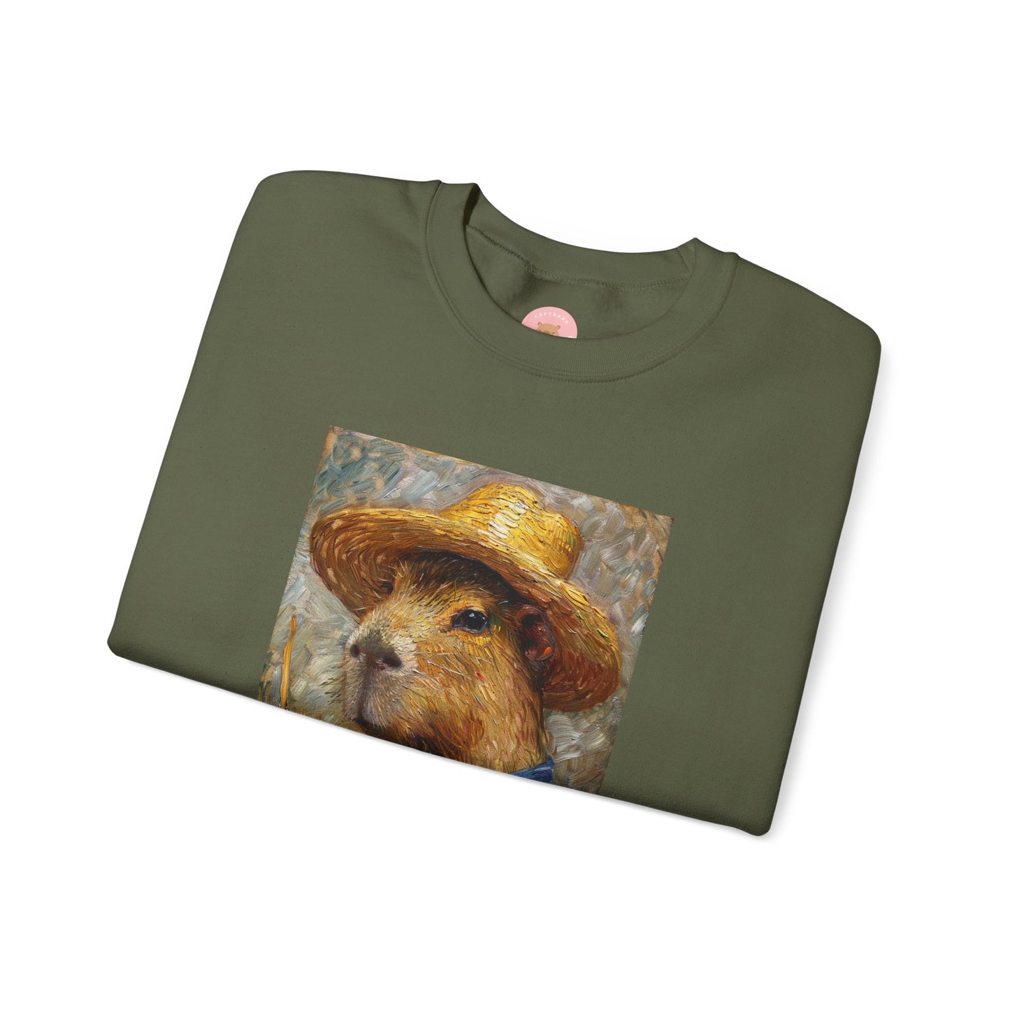 Capy de Van Gogh Capybara sweatshirt features a painting inspired by Van Gogh's Self-Portrait with Straw Hat. It's a fun twist for capybara lovers and art enthusiasts, giving off a whimsical and artistic vibe. Perfect for those who appreciate unique and creative designs, this sweatshirt is relevant for art lovers, animal enthusiasts, and those looking for a quirky addition to their wardrobe. Ideal for gifting during birthdays, Christmas, or any special occasion.