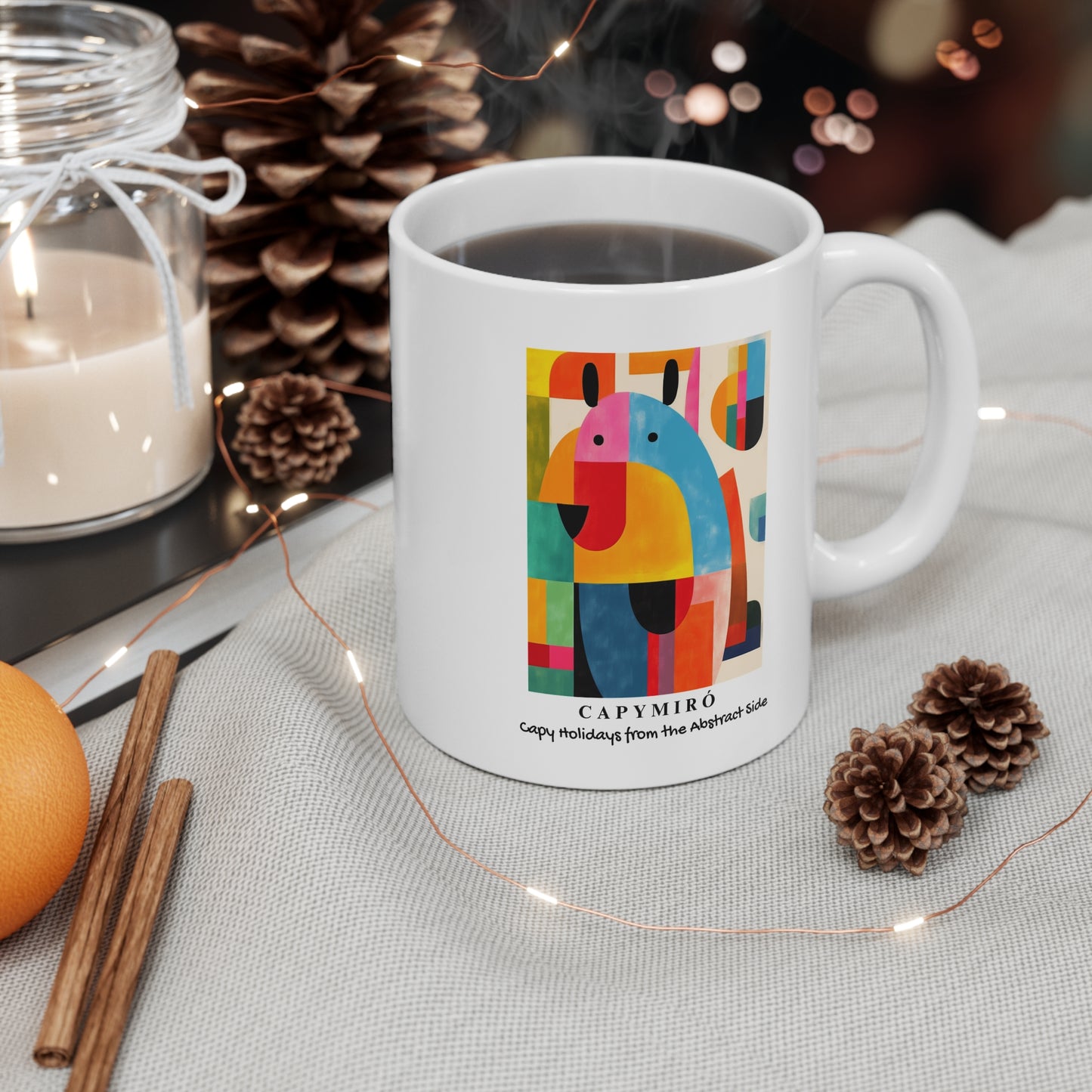 CAPY Miro II Christmas Mug – Surreal Capybara Coffee Cup – Capy Holiday from the Abstract Side – Joan Miró Inspired Art Gift