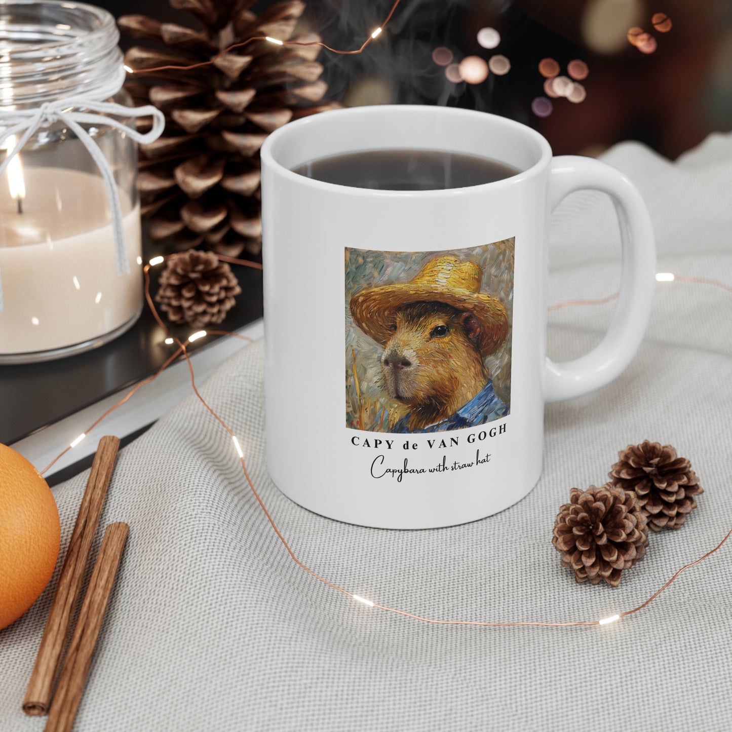 Mug Capybara with Straw Hat Van Gogh Inspired Design 11oz