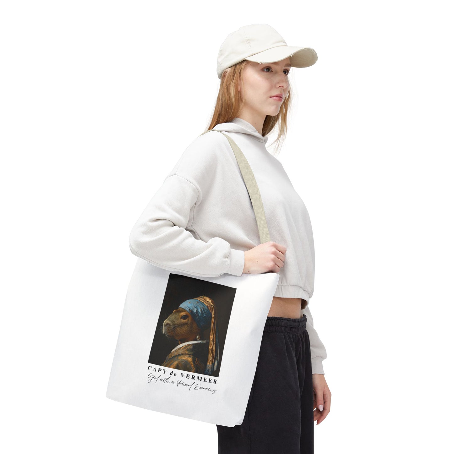 Capybara Tote Bag – Capy de Vermeer Girl with a Pearl Earring Parody – Funny Art Lover Gift, Quirky Canvas Bag