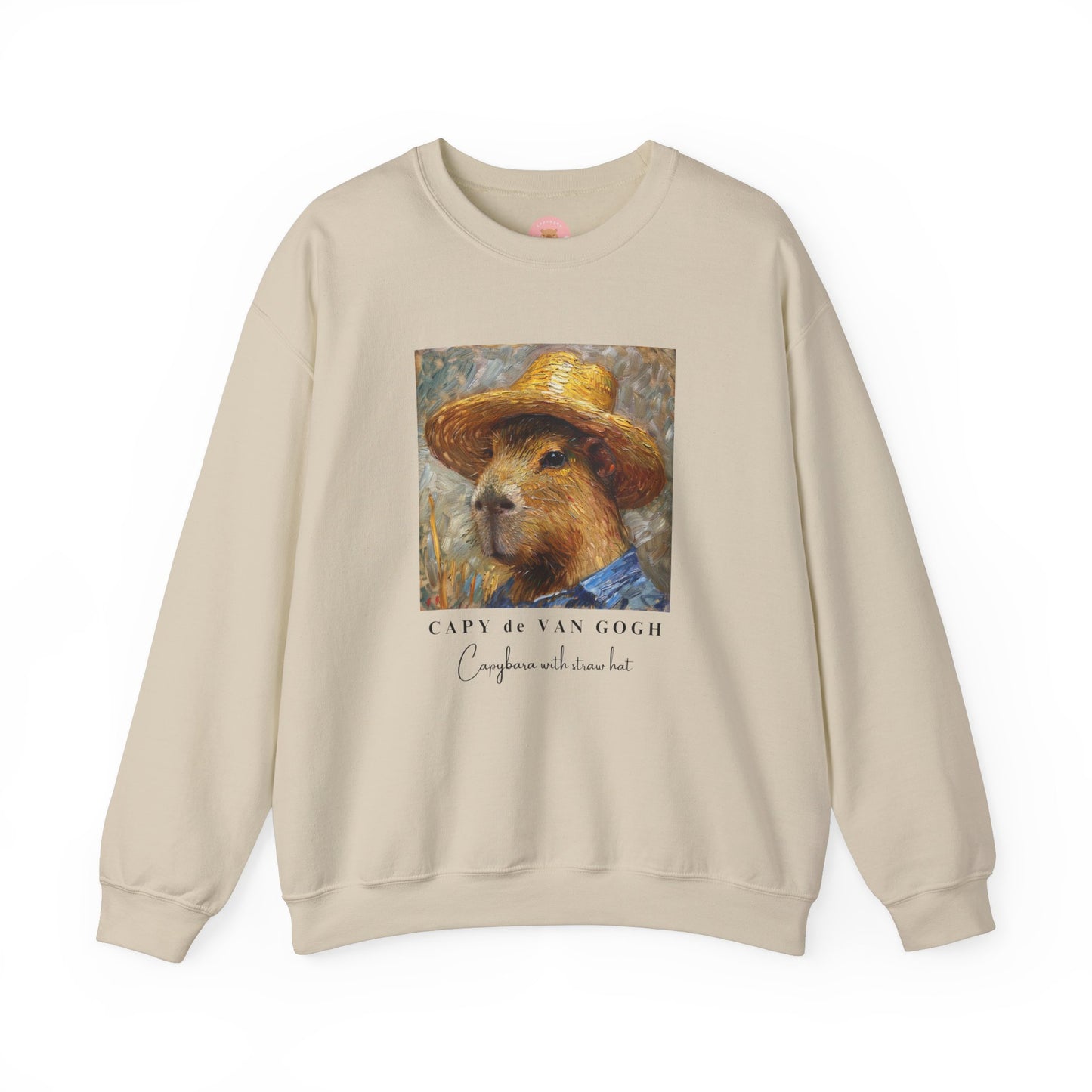 Capy de Van Gogh Capybara sweatshirt features a painting inspired by Van Gogh's Self-Portrait with Straw Hat. It's a fun twist for capybara lovers and art enthusiasts, giving off a whimsical and artistic vibe. Perfect for those who appreciate unique and creative designs, this sweatshirt is relevant for art lovers, animal enthusiasts, and those looking for a quirky addition to their wardrobe. Ideal for gifting during birthdays, Christmas, or any special occasion.