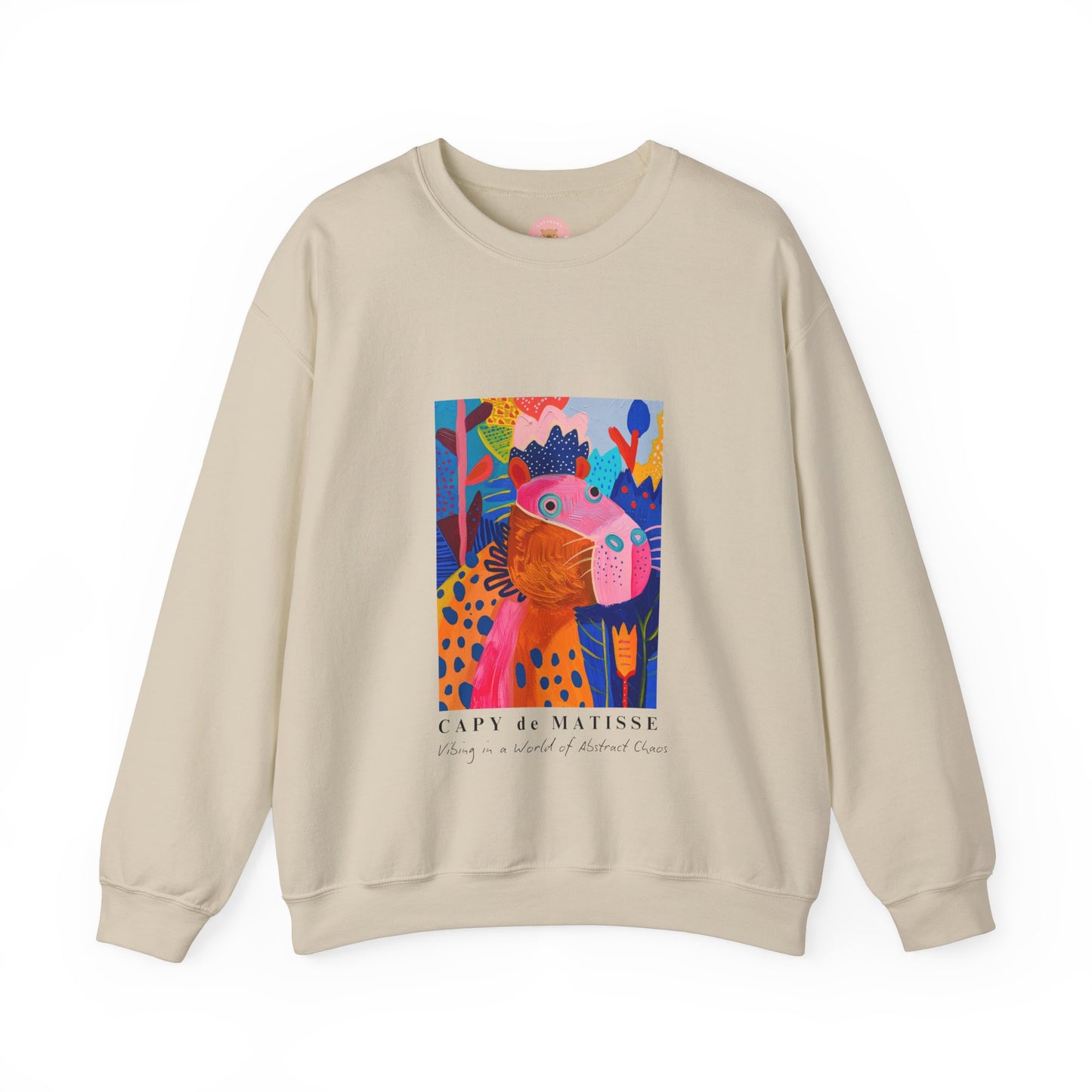 Sand Capybara sweatshirt features a painting inspired by Henri Matisse with a silly capybara embedded inside, perfect for capybara lovers and art enthusiasts. It offers a cozy and comfortable fit, making it ideal for colder months. The medium-heavy fabric blend of cotton and polyester ensures durability and warmth. Great for snuggling up at home or showcasing your unique style.