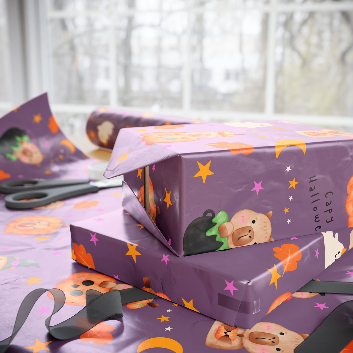 Halloween Capybara Gift Wrapping Paper, Spooky Season Wrap, Cute Pumpkin & Ghost Design, Fall Decorating, Party Supplies, Trick or Treat