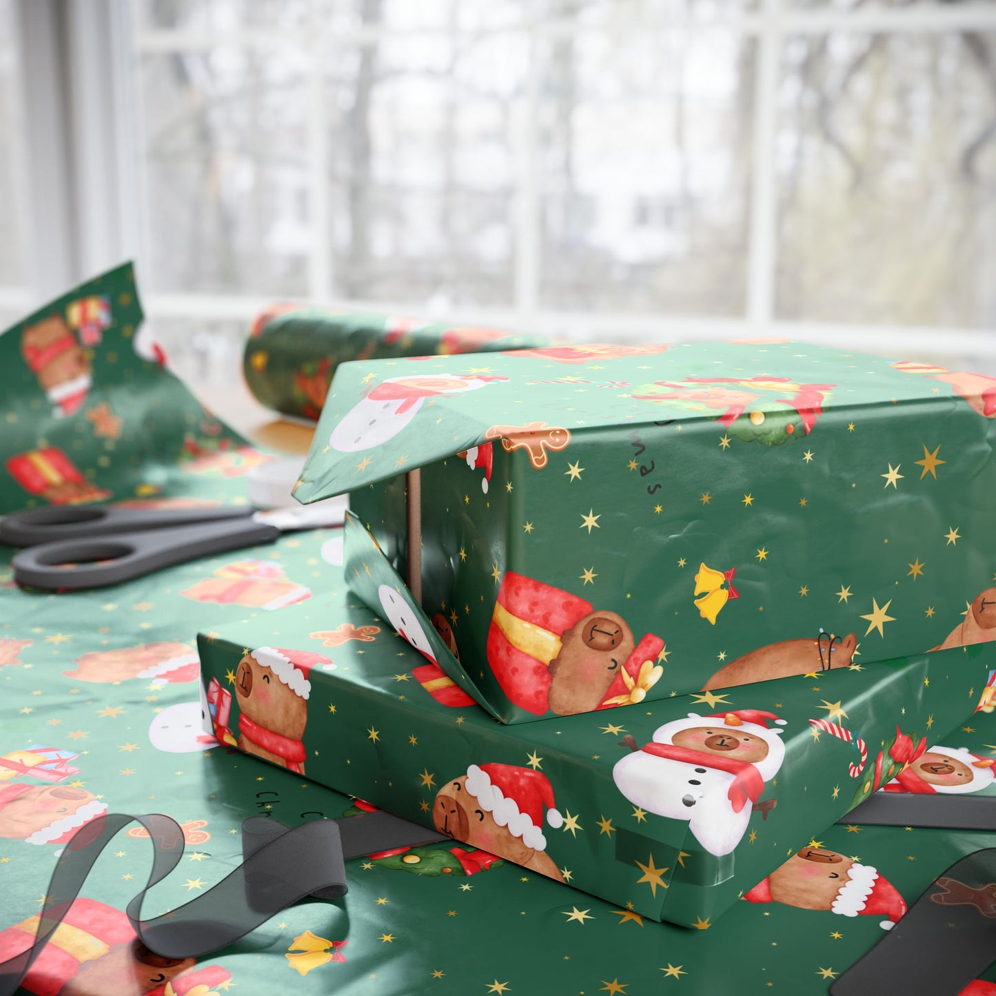 Capybara Christmas Wrapping Paper (Green) , Chirstmas Season Wrap, Cute Gift Wrap for Capybara Lovers, Winter Decorating, Party Supplies, Merry Christmas