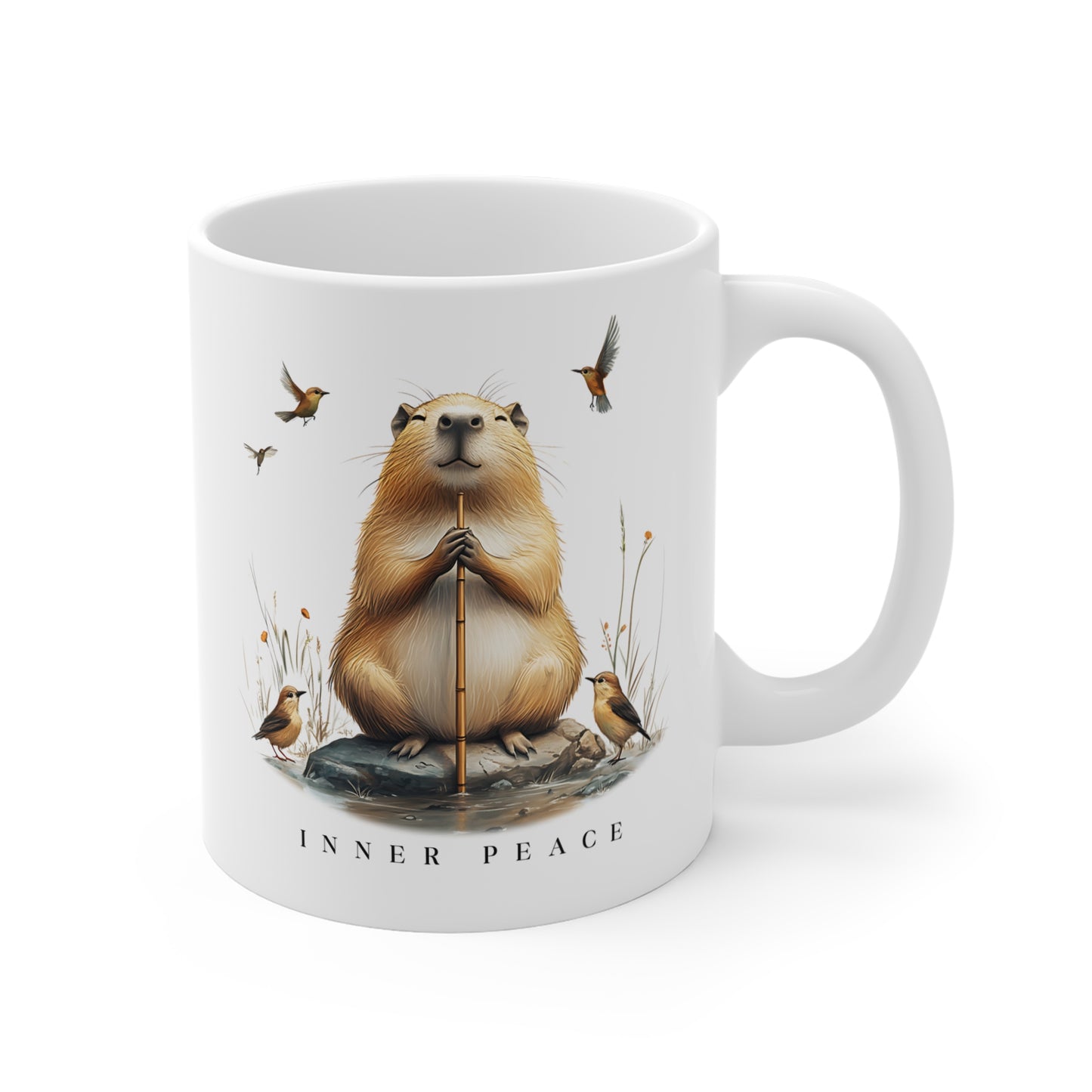 Inner Peace Capybara Mug. Featuring a serene capybara and the words "Inner Peace," this mug is perfect for moments of mindfulness and relaxation. Sip your favorite beverage and embrace tranquility with every sip.