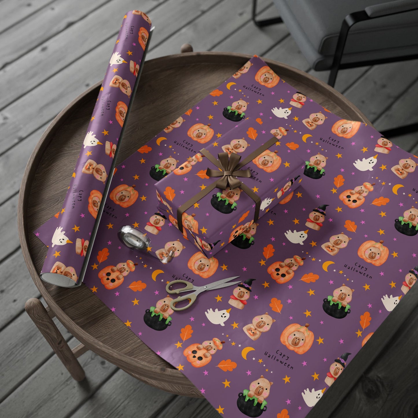 Halloween Capybara Gift Wrapping Paper, Spooky Season Wrap, Cute Pumpkin & Ghost Design, Fall Decorating, Party Supplies, Trick or Treat