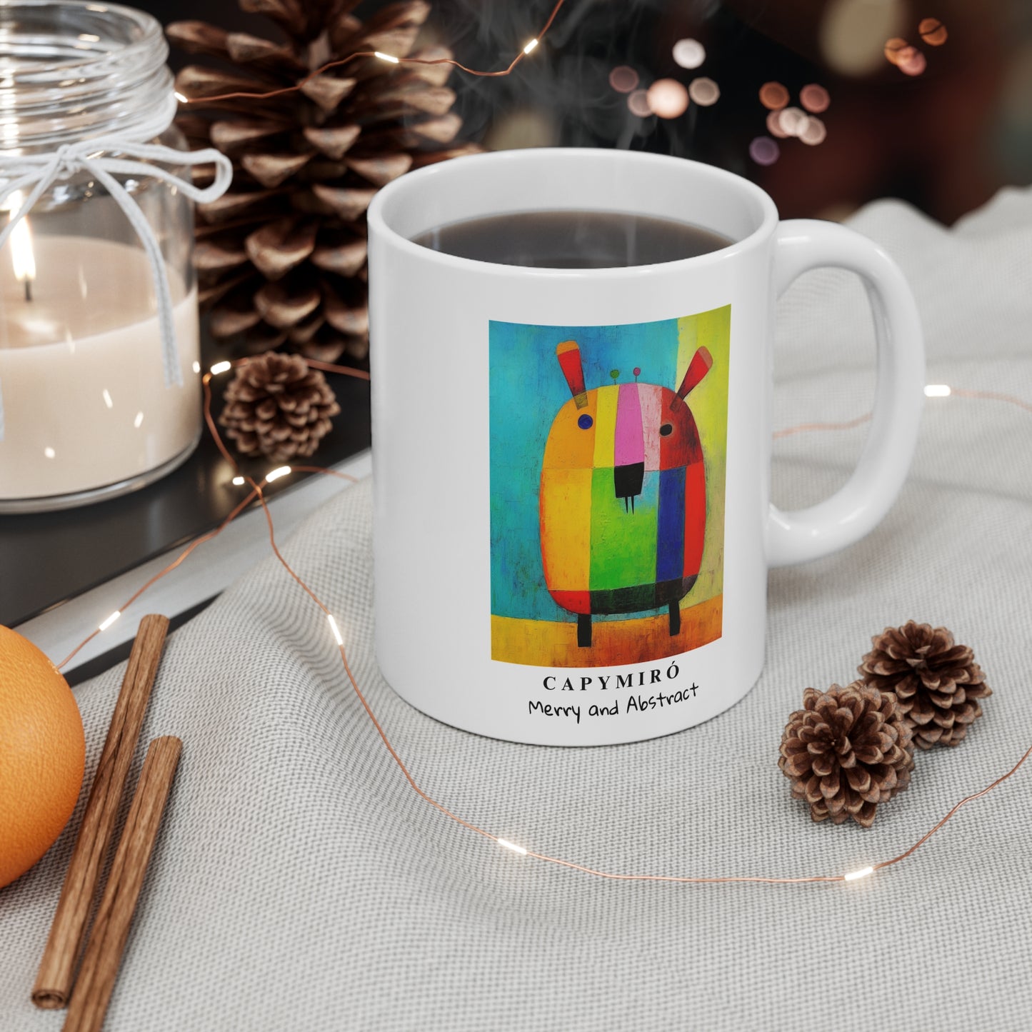 CAPY Miro Christmas Mug – Merry and Abstract – Surreal Capybara Coffee Cup – Joan Miró Inspired Holiday Gift for Art Lovers