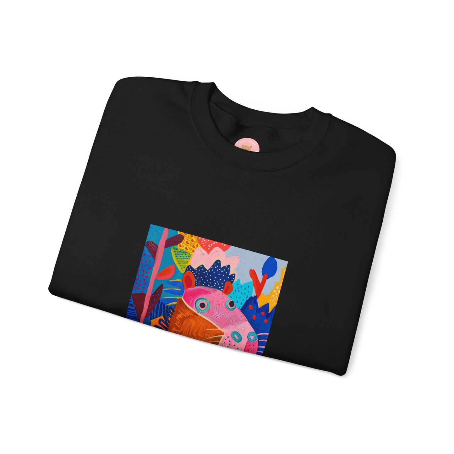 Black Capybara sweatshirt features a painting inspired by Henri Matisse with a silly capybara embedded inside, perfect for capybara lovers and art enthusiasts. It offers a cozy and comfortable fit, making it ideal for colder months. The medium-heavy fabric blend of cotton and polyester ensures durability and warmth. Great for snuggling up at home or showcasing your unique style.