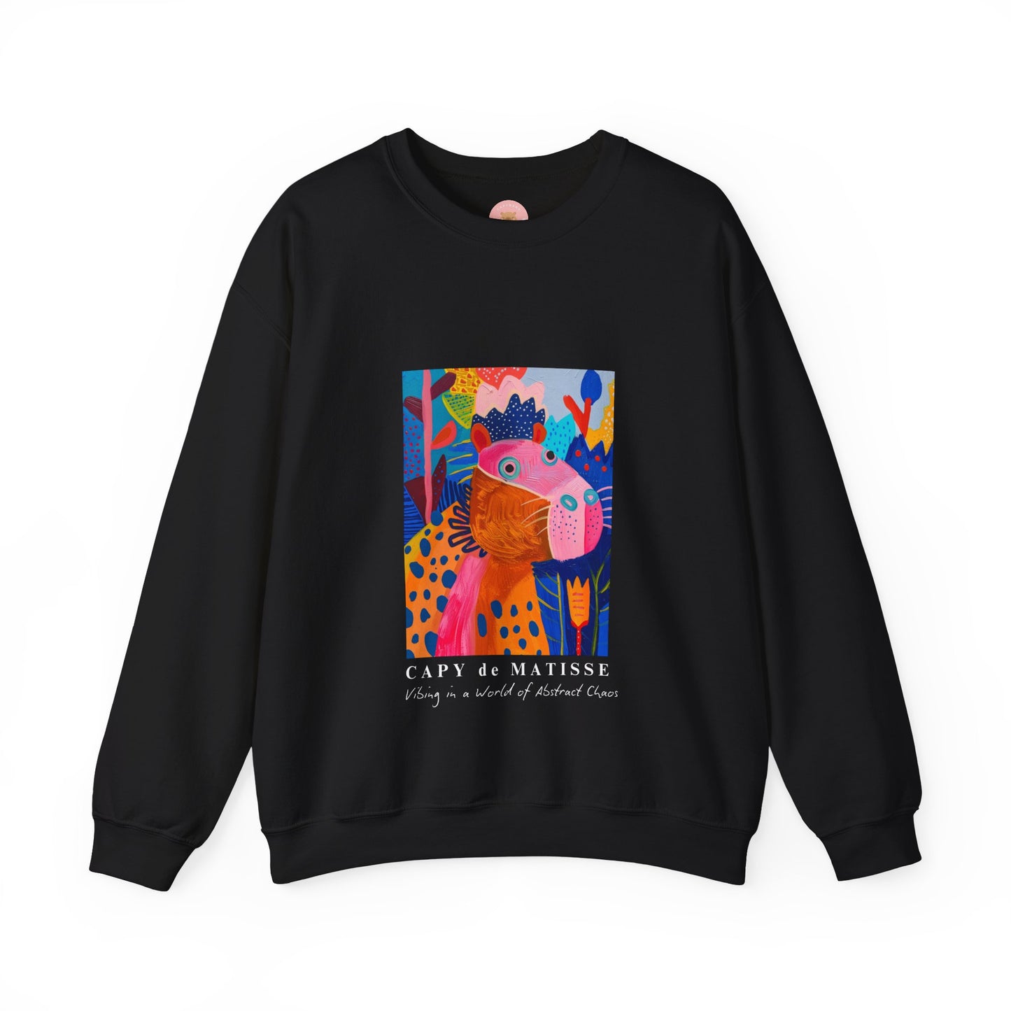 Black Capybara sweatshirt features a painting inspired by Henri Matisse with a silly capybara embedded inside, perfect for capybara lovers and art enthusiasts. It offers a cozy and comfortable fit, making it ideal for colder months. The medium-heavy fabric blend of cotton and polyester ensures durability and warmth. Great for snuggling up at home or showcasing your unique style.