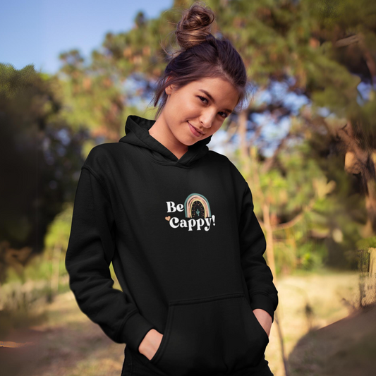 Fall Fashion- Be Cappy Rainbow Unisex Hoodie, Funny Quote Sweatshirt, Colorful Jumper, Happy Vibes Gift, Positive Attitude Pullover. Animal Lover Hoodie. Made using 100% US cotton. Super comfy. Unisex cut