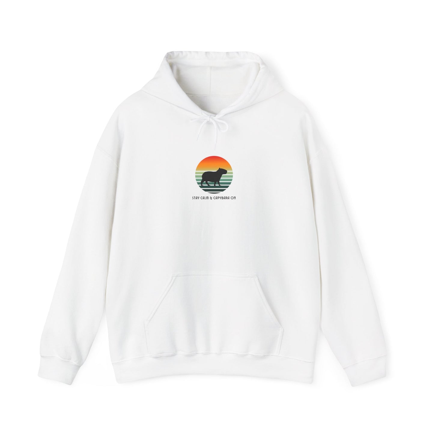 Fall fashion, Sunset Stay Calm Capybara Hoodie, Cool Sunset Animal Lover Sweatshirt, Nature Graphic Pullover, Unique Capybara Gift, Comfy Hoodie.Featuring a capybara against a cool sunset backdrop. Made using 100% US cotton. Super comfy. Unisex cut.