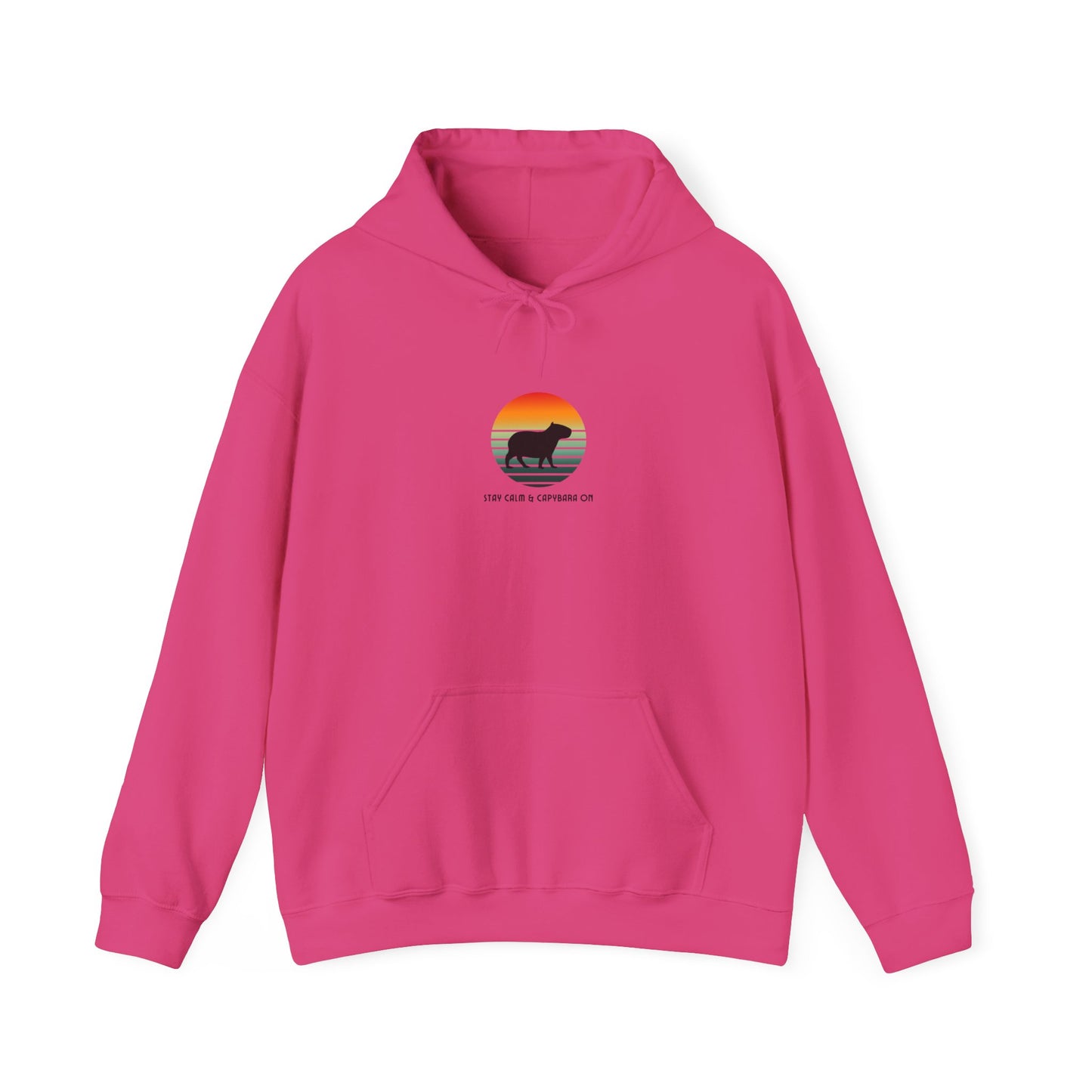 Fall fashion, Sunset Stay Calm Capybara Hoodie, Cool Sunset Animal Lover Sweatshirt, Nature Graphic Pullover, Unique Capybara Gift, Comfy Hoodie.Featuring a capybara against a cool sunset backdrop. Made using 100% US cotton. Super comfy. Unisex cut.