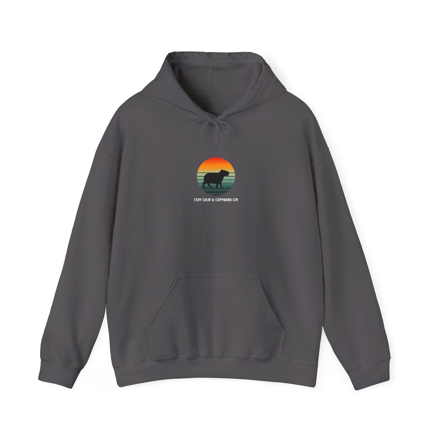Fall fashion, Sunset Stay Calm Capybara Hoodie, Cool Sunset Animal Lover Sweatshirt, Nature Graphic Pullover, Unique Capybara Gift, Comfy Hoodie.Featuring a capybara against a cool sunset backdrop. Made using 100% US cotton. Super comfy. Unisex cut.