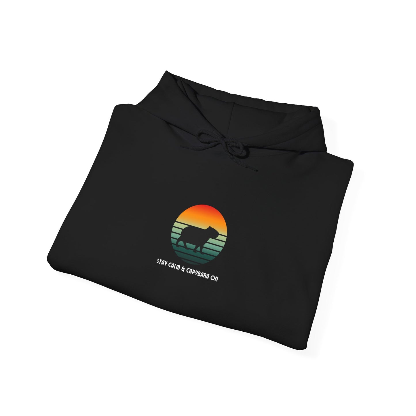 Fall fashion, Sunset Stay Calm Capybara Hoodie, Cool Sunset Animal Lover Sweatshirt, Nature Graphic Pullover, Unique Capybara Gift, Comfy Hoodie.Featuring a capybara against a cool sunset backdrop. Made using 100% US cotton. Super comfy. Unisex cut.