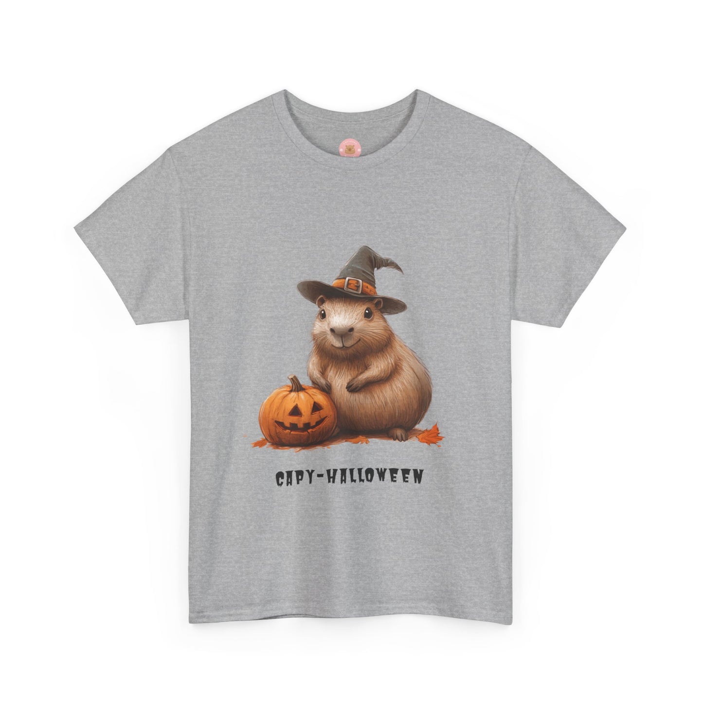 Funny Halloween Capybara T-Shirt, featuring capybara and pumpkin design. For casual wear or costume parties. Available for both adults and kids. Matching outfit for family. Made using 100% US cotton, super comfy, unisex cut design