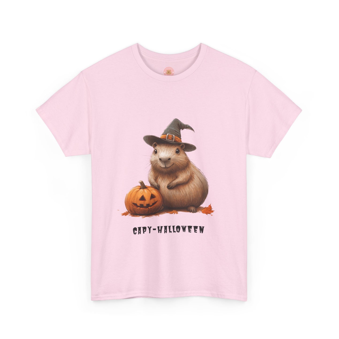 Funny Halloween Capybara T-Shirt, featuring capybara and pumpkin design. For casual wear or costume parties. Available for both adults and kids. Matching outfit for family. Made using 100% US cotton, super comfy, unisex cut design