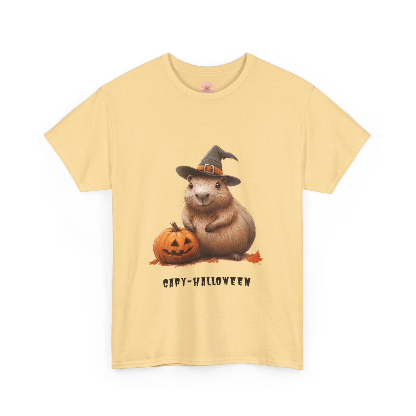Funny Halloween Capybara T-Shirt, featuring capybara and pumpkin design. For casual wear or costume parties. Available for both adults and kids. Matching outfit for family. Made using 100% US cotton, super comfy, unisex cut design