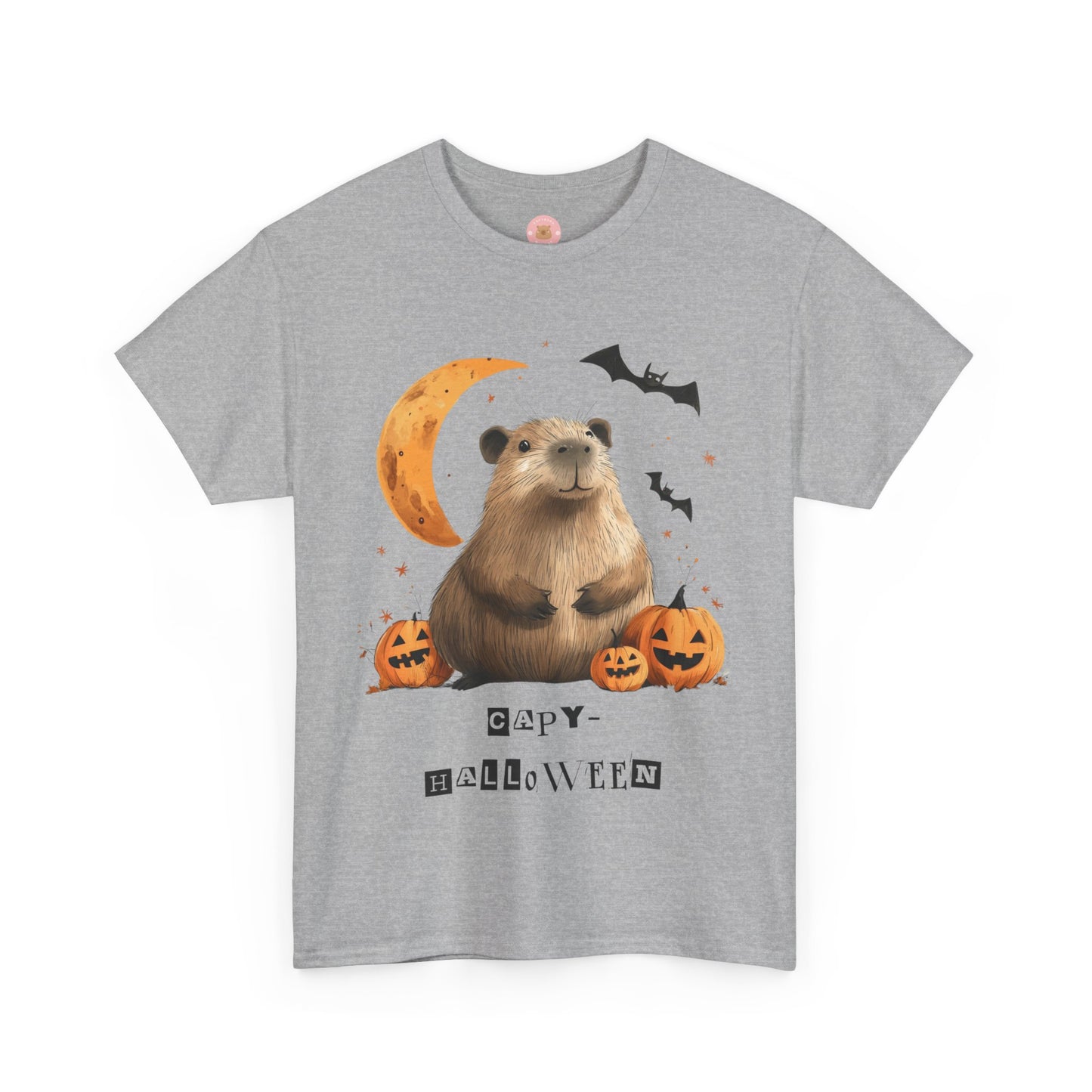 Funny Halloween Capybara T-Shirt, featuring capybara and pumpkin design. For casual wear or costume parties. Available for both adults and kids. Matching outfit for family. Made using 100% US cotton, super comfy, unisex cut design