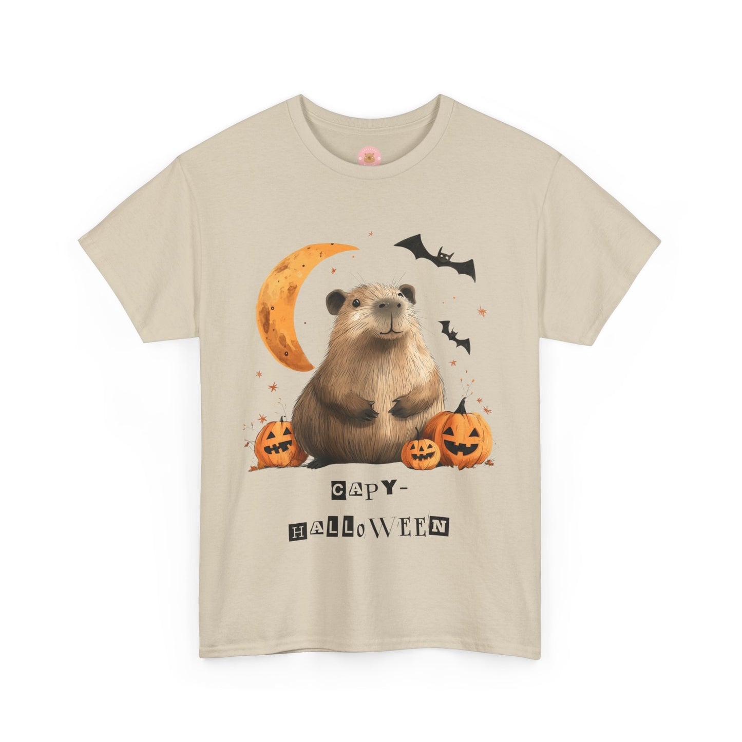 Funny Halloween Capybara T-Shirt, featuring capybara and pumpkin design. For casual wear or costume parties. Available for both adults and kids. Matching outfit for family. Made using 100% US cotton, super comfy, unisex cut design