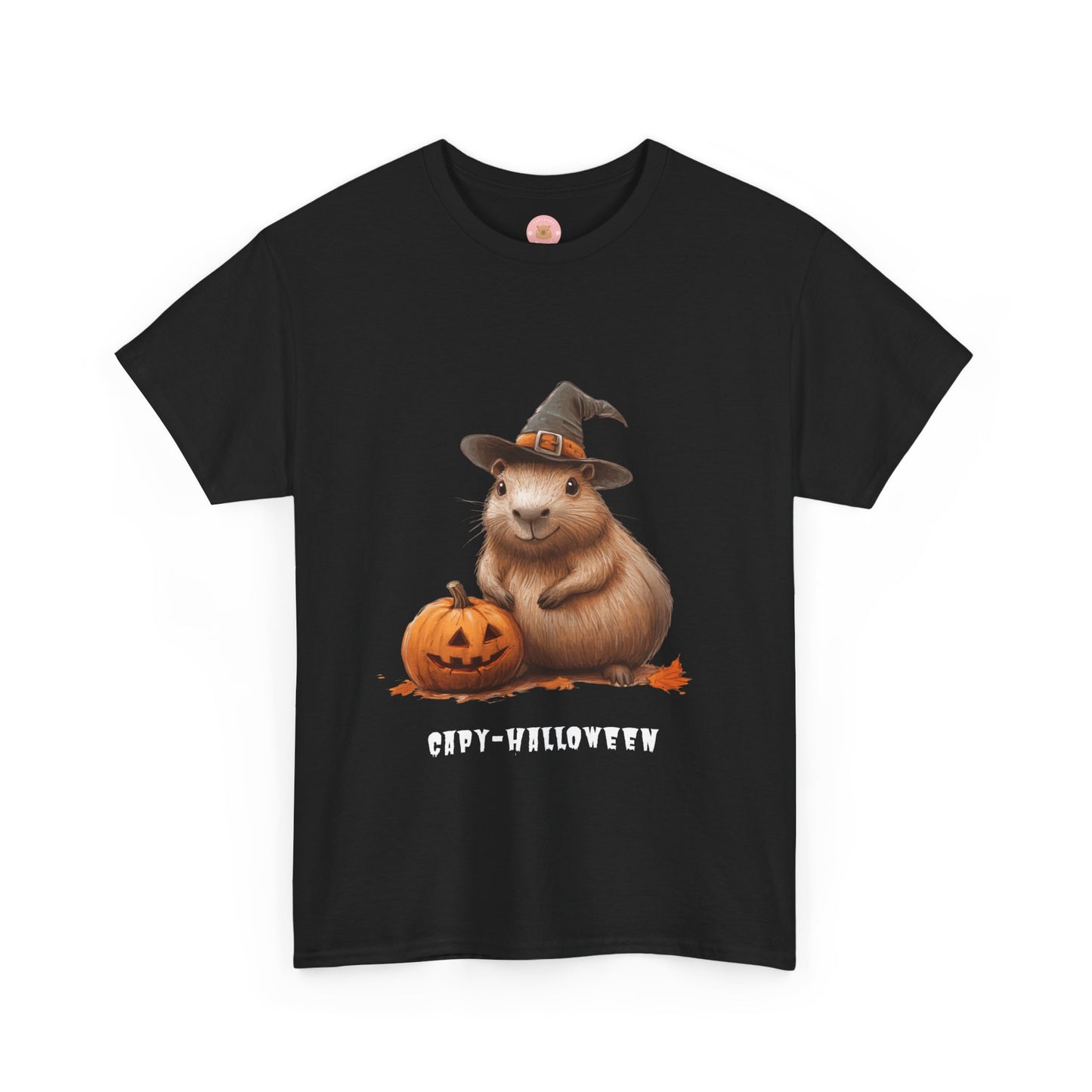 Funny Halloween Capybara T-Shirt, featuring capybara and pumpkin design. For casual wear or costume parties. Available for both adults and kids. Matching outfit for family. Made using 100% US cotton, super comfy, unisex cut design