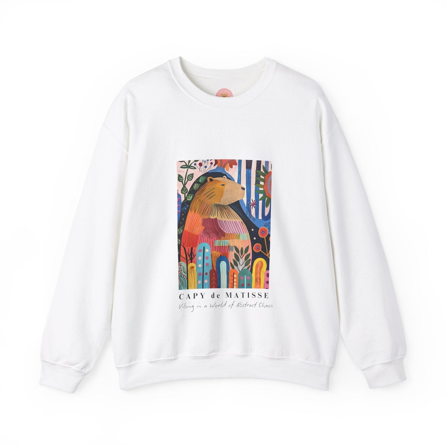 A cozy and stylish sweatshirt featuring a graphic of a painting inspired by artist Henri Matisse, with a capybara hidden within