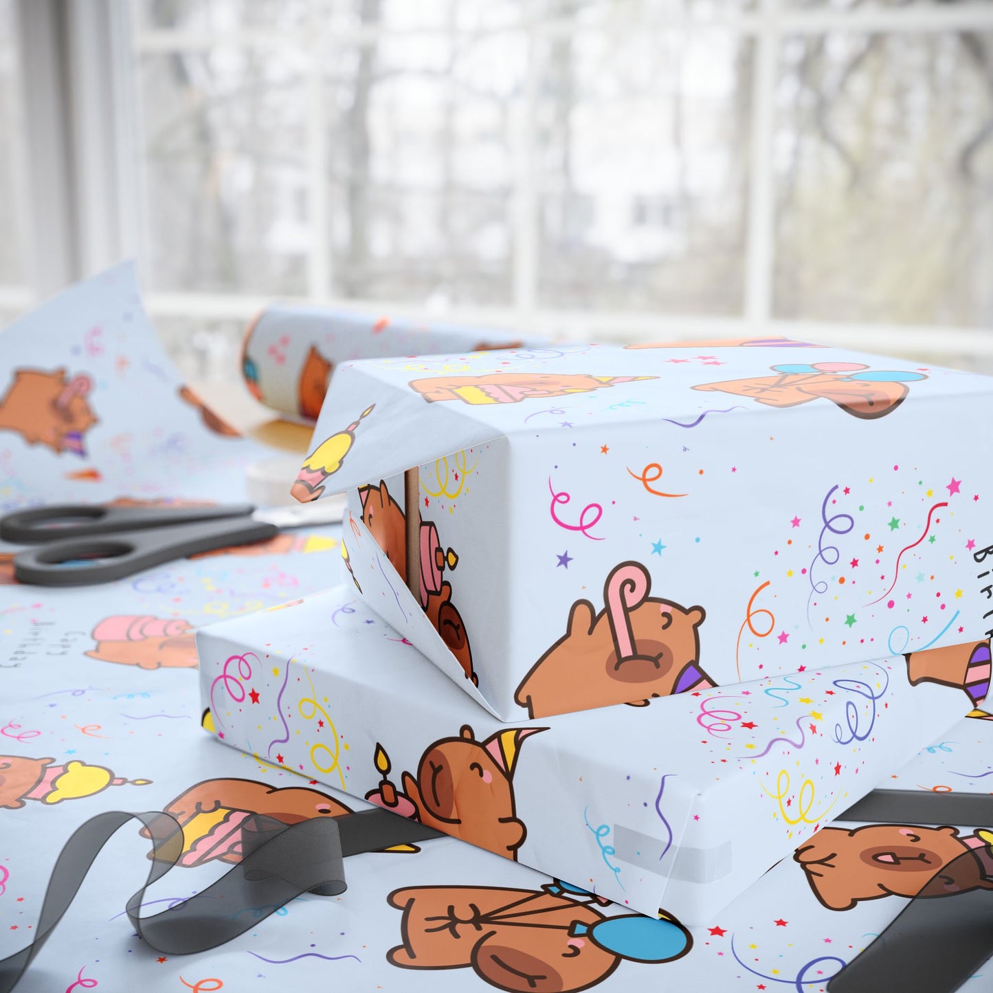 Capybara Birthday Gift Wrapping Paper (Light Blue)