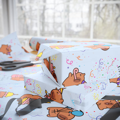 Capybara Birthday Gift Wrapping Paper (Light Blue)