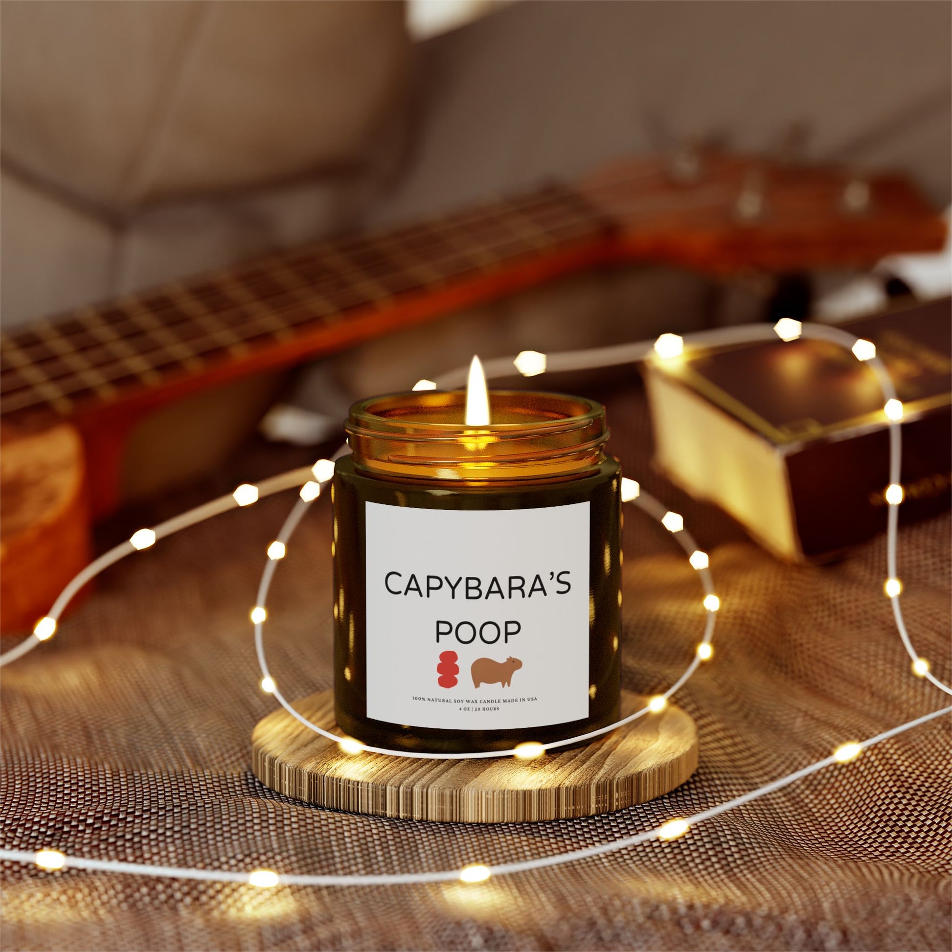 Funny candle gift with CAPYBARAS POOP label in simple style. Each candle is scented with Midnight Blackberry, Lavender, Fraser Fir, Cinnamon Chai, Cashmere Musk, Beachwood, Mango Coconut, and Vanilla Bean fragrances, offering up to 20 hours of burn time. Made with natural Coconut Apricot Wax in the USA, eco-friendly and non-toxic.