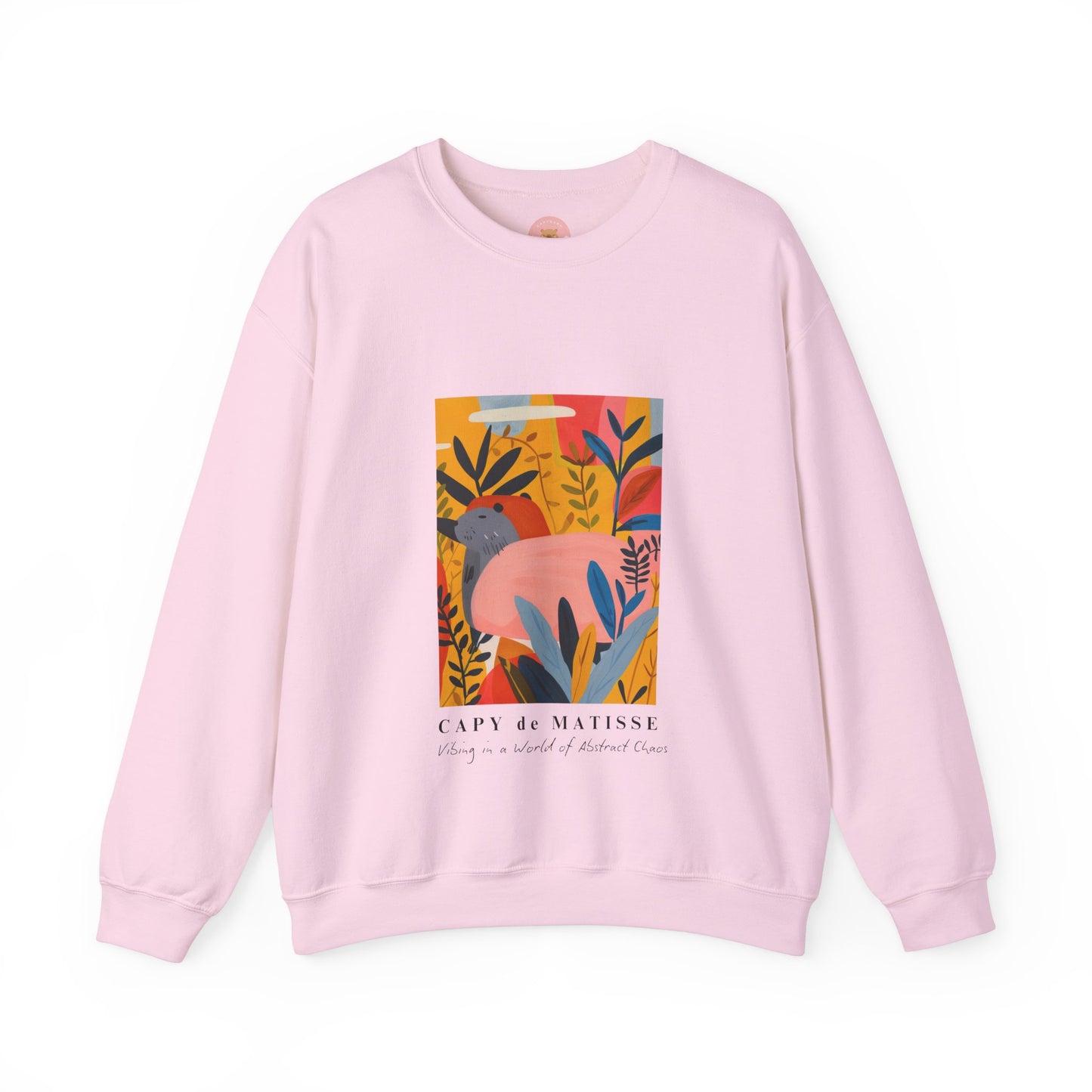 Pink Capybara sweatshirt features a painting inspired by Henri Matisse with a funny twist, perfect for capybara lovers and art enthusiasts. It offers a cozy and comfortable fit, making it ideal for colder months. The medium-heavy fabric blend of cotton and polyester ensures durability and warmth. Great for snuggling up at home or showcasing your unique style.