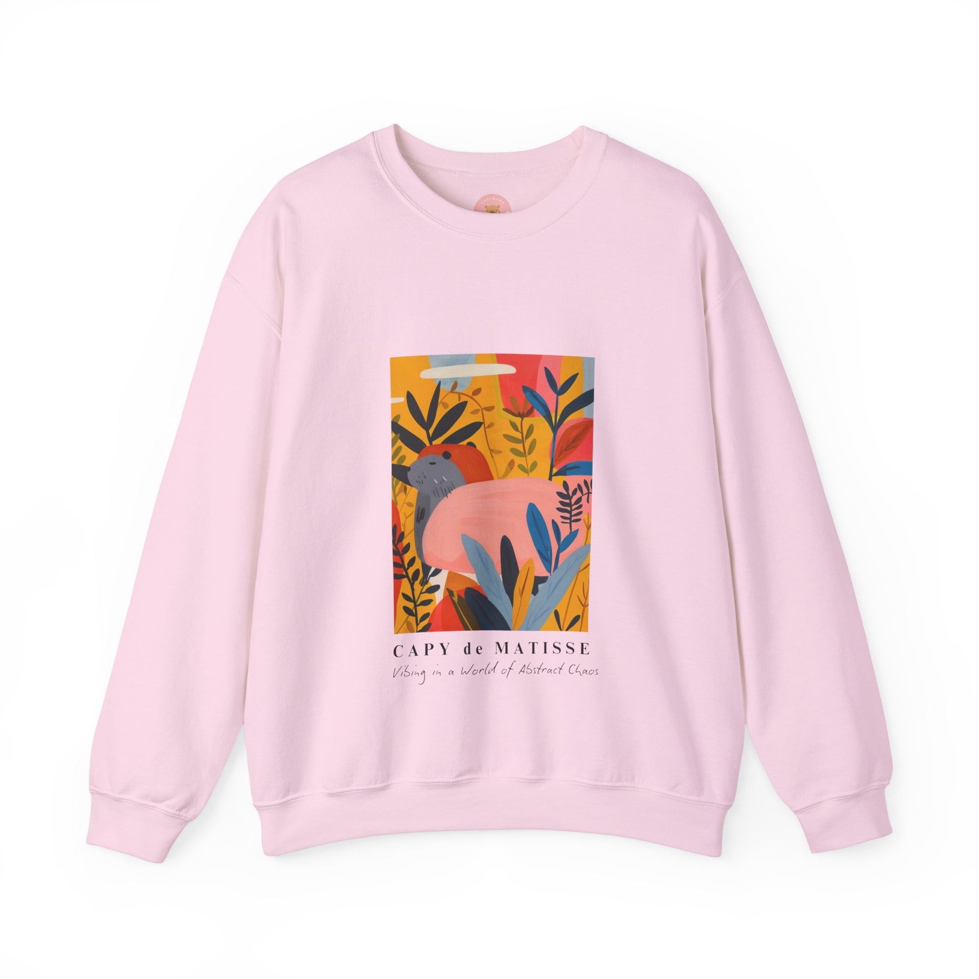 Pink Capybara sweatshirt features a painting inspired by Henri Matisse with a funny twist, perfect for capybara lovers and art enthusiasts. It offers a cozy and comfortable fit, making it ideal for colder months. The medium-heavy fabric blend of cotton and polyester ensures durability and warmth. Great for snuggling up at home or showcasing your unique style.